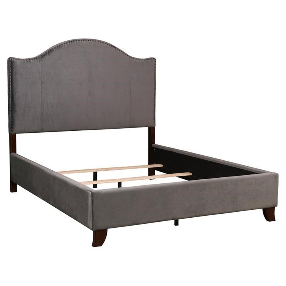 Pemberly Row Traditional Velvet Queen Upholstered Bed Frame in Gray - Luxurious Bedroom Furniture for Master Suite Decor