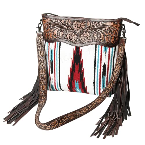 Vintage Leather Crossbody Bag for Women - Large Western Fringe Purse with Quilted Saddle Blanket Design, Handmade Cowhide Shoulder Bag with Carved Strap (ADBGZ104) | Perfect for Country Concerts, Rodeo Events & Boho Fashion Outfits