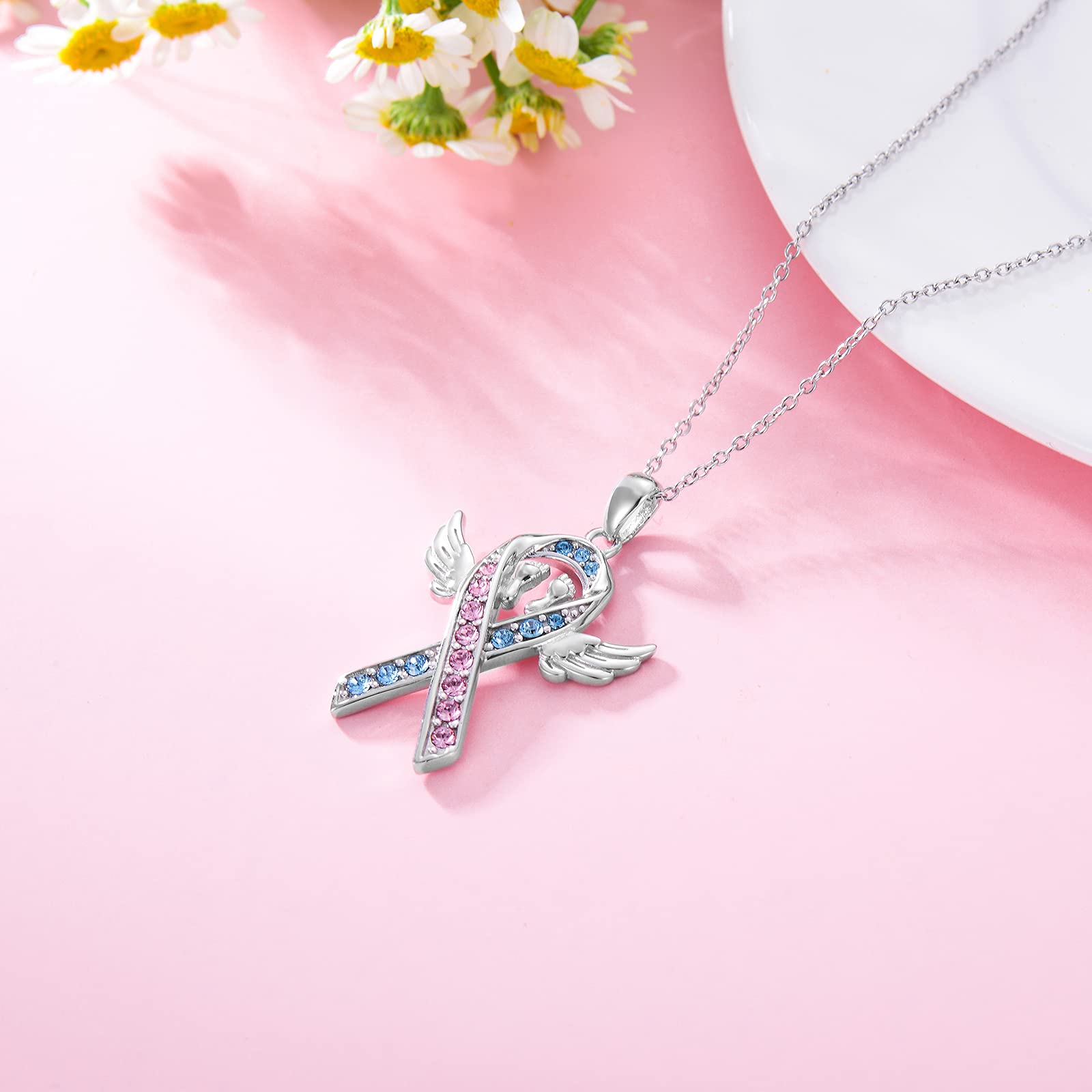 925 Sterling Silver Angel Mom Necklace - Pink & Blue Ribbon Memorial Pendant for Pregnancy Loss, Infant Child Loss Awareness - Sympathy Jewelry Gift for Bereaved Mothers (Perfect for Remembrance Days, Support Groups & Healing Gifts)
