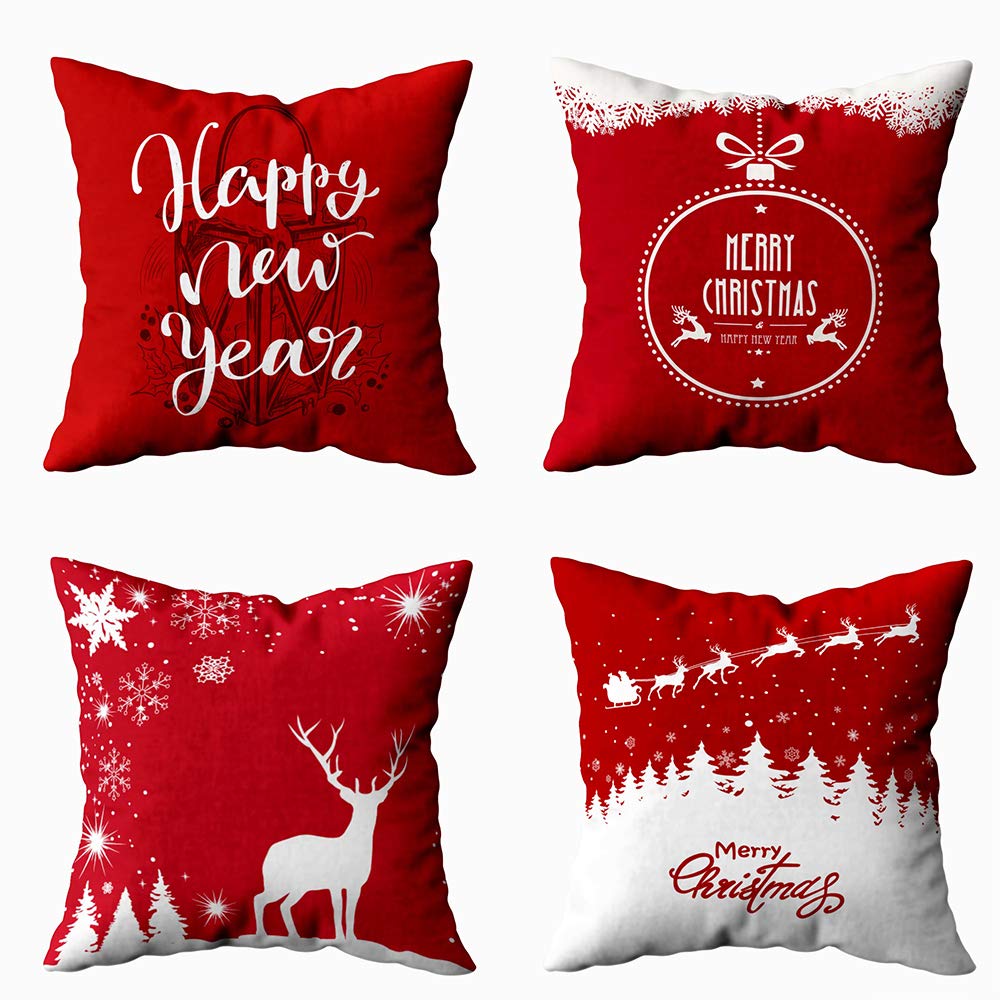 18x18 Inch Christmas Deer Snowflake Pillow Cover Set of 4 - Holiday Decorative Throw Pillow Cases for Sofa, Bedroom, Car & Home Decor - Perfect Christmas Gift Idea
