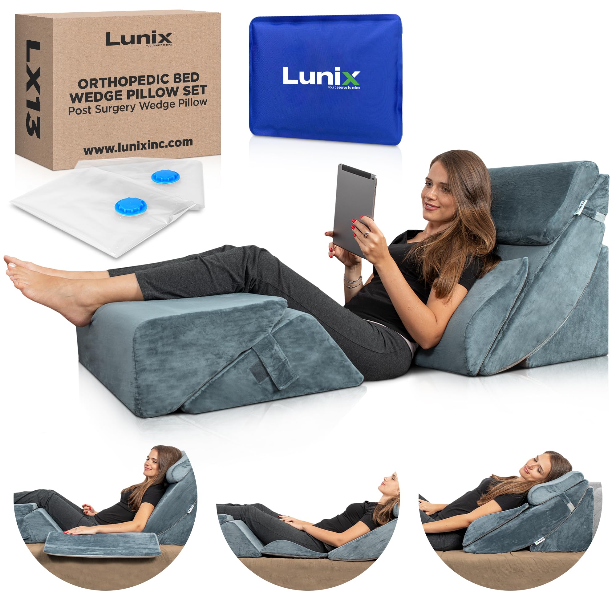 6pcs Orthopedic Bed Wedge Pillow Set for Back, Neck & Leg Pain Relief - Post Surgery Memory Foam Support, Adjustable Sitting Pillow for Sleeping, Acid Reflux & GERD - Includes Hot/Cold Pack (Navy Blue) - Perfect for Recovery, Comfort & Pain Management at Home