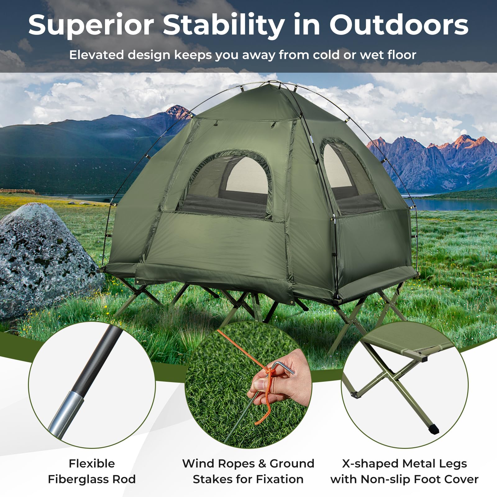 GYMAX 5-in-1 Folding Tent Cot with Mattress & Pillows - Portable Elevated Camping Bed with Sunshade and Carrying Bag - Perfect for Outdoor Adventures, Hiking, Fishing, Picnics and Backyard Camping