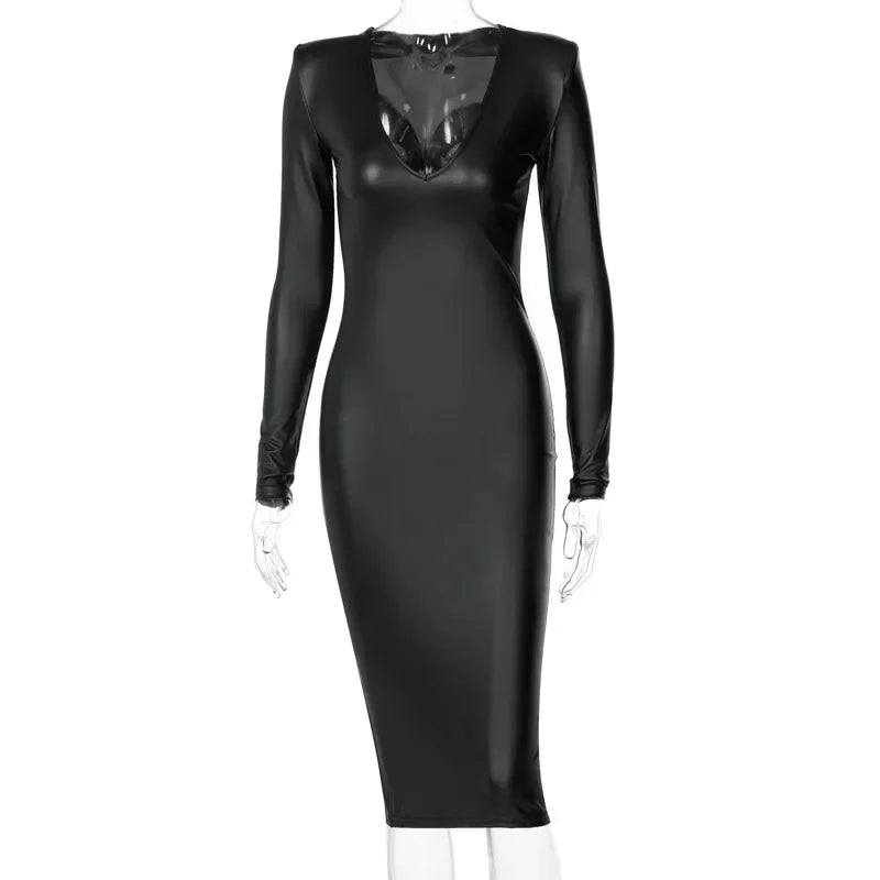 Black Brown Faux Leather Deep V-Neck Long Sleeve Bodycon Dress for Women - Elegant Sexy Midi Dress for Party, Club, Night Out, Date Night & Special Occasions