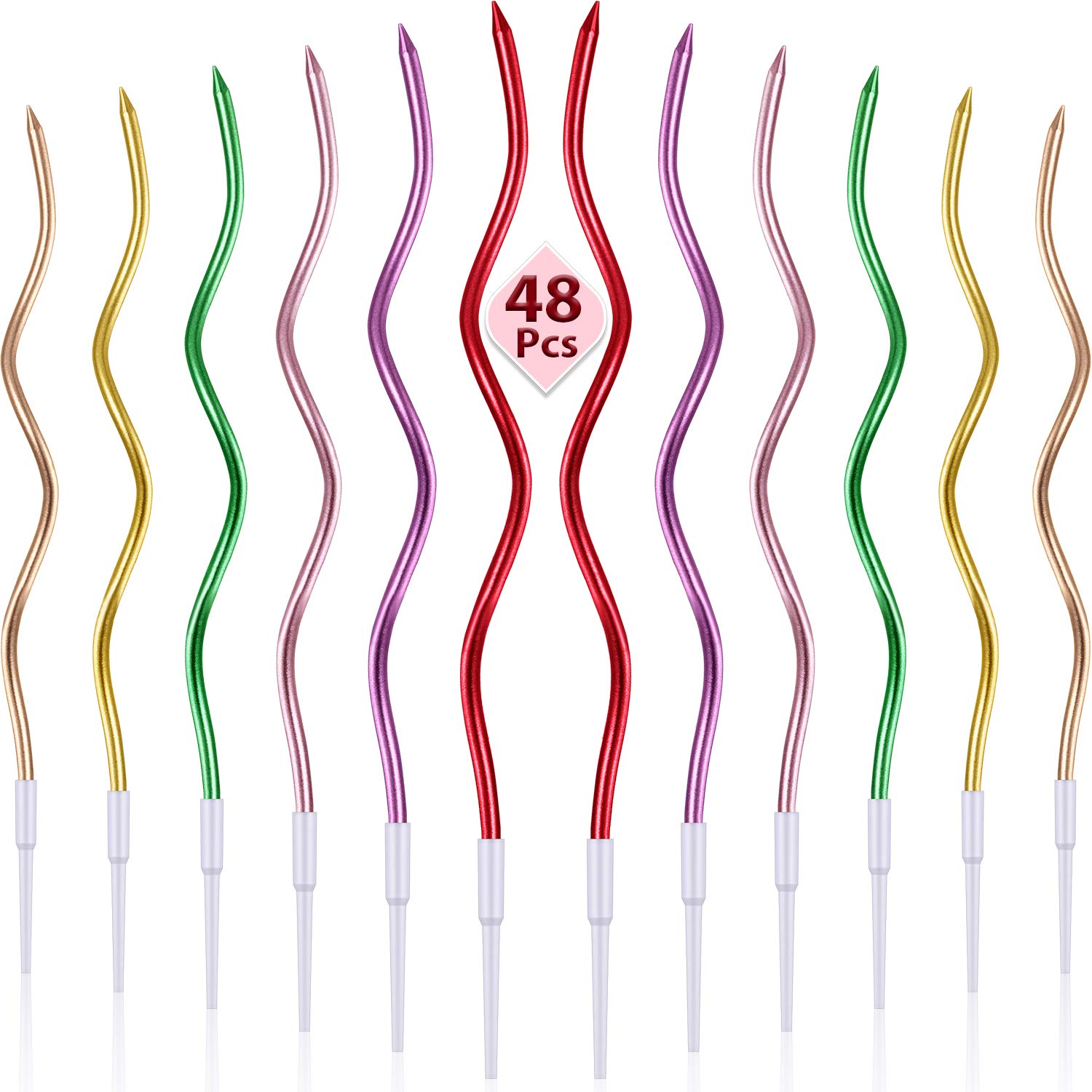 BBTO 48-Pack Metallic Twisty Spiral Cake Candles with Holders - Long Thin Curly Coil Birthday Candles for Cupcakes, Wedding & Party Decorations (Colorful) - Perfect for Birthday Cakes, Dessert Tables & Celebration Events