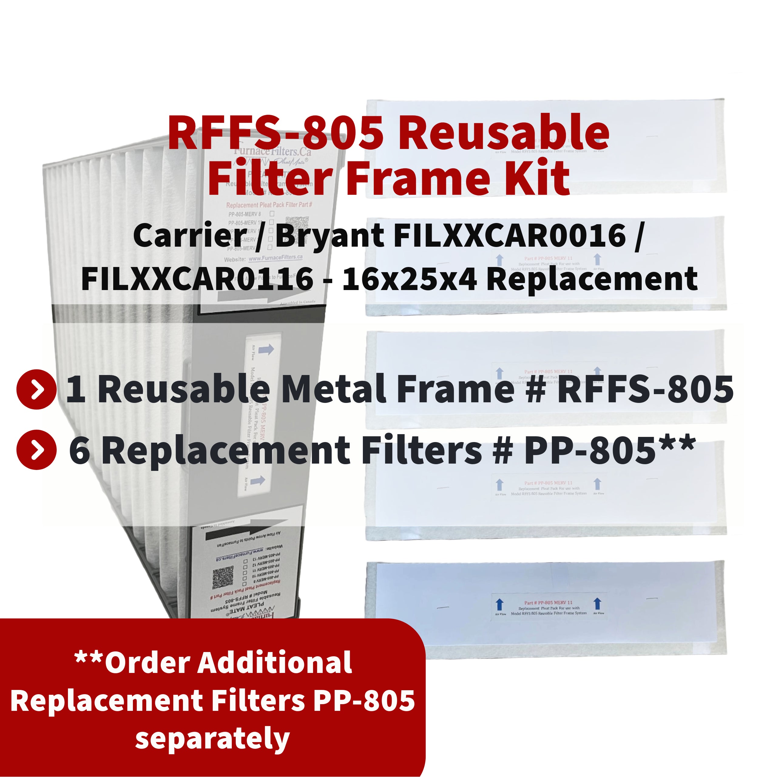 Bryant Carrier 16x25x4 Reusable Air Filter System Kit - Includes Lifetime Frame (Model RFFS 805) & 6 MERV 11 Replacement Filters (Part PP 805) for HVAC & Home Air Purification - Perfect for Allergy Relief & Cleaner Indoor Air