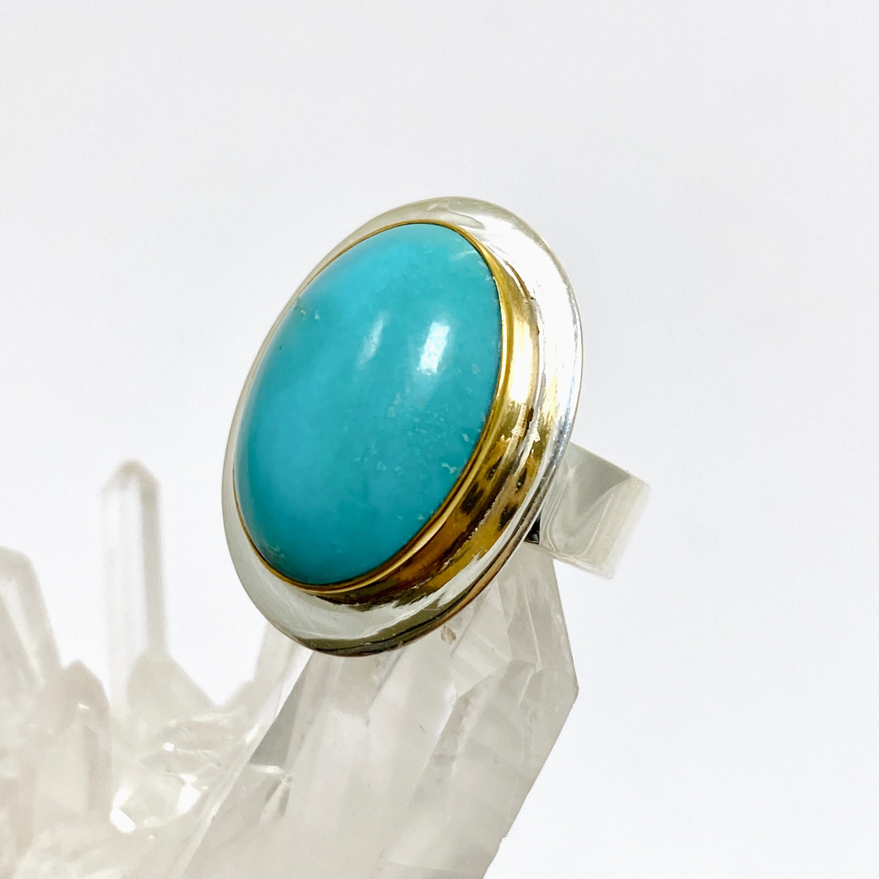 Arizona Turquoise Oval Cabochon Ring with Brass Accents - Size 8 Sterling Silver Jewelry KRGJ3409 | Handmade Southwest Style Ring for Women, Perfect for Boho Fashion & Gift Giving