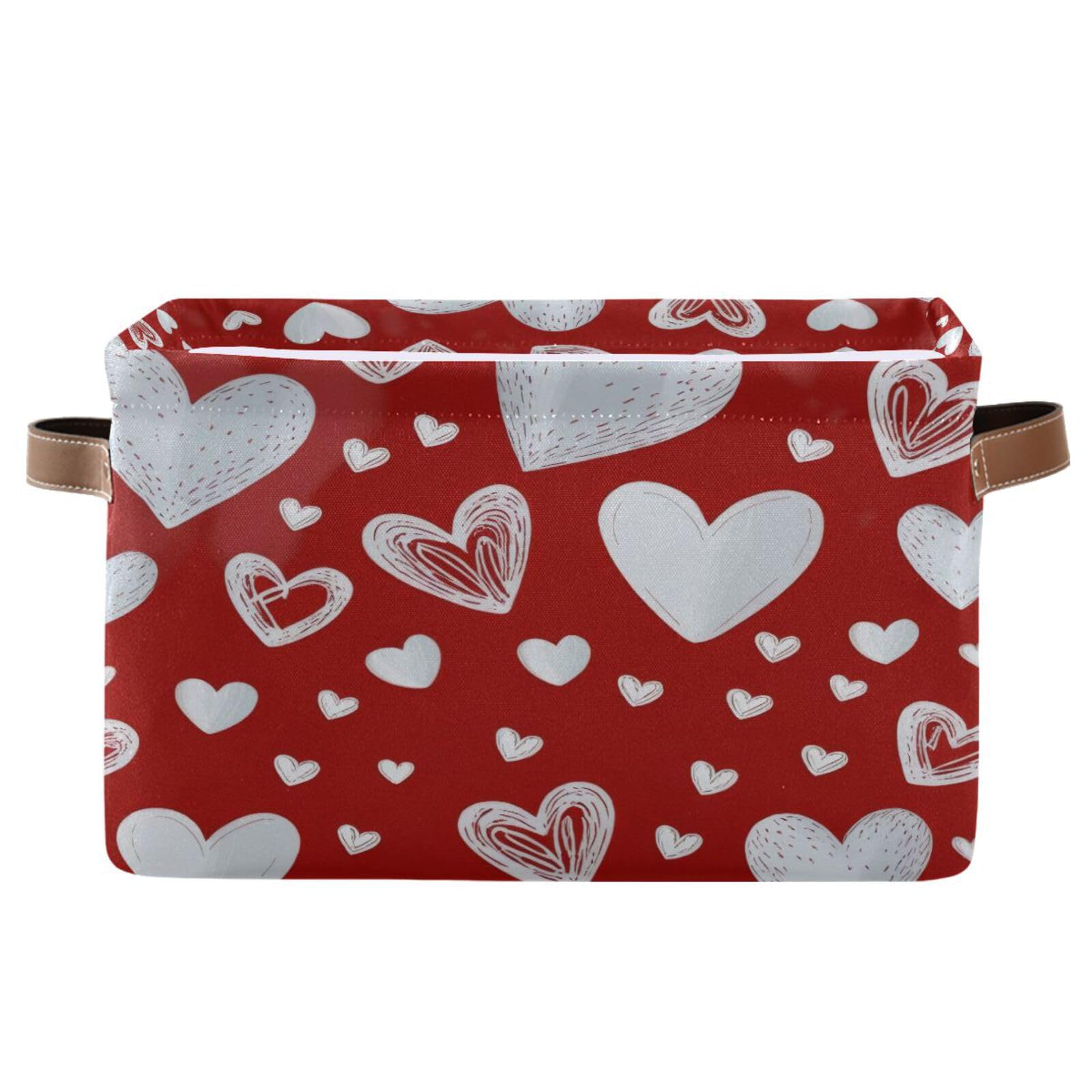 2PCS Red Heart Valentine's Day Fabric Storage Bins with Handles - Closet Organizer Baskets for Clothes, Toys & Home Decor | Perfect for Bedroom, Nursery & Gift Giving