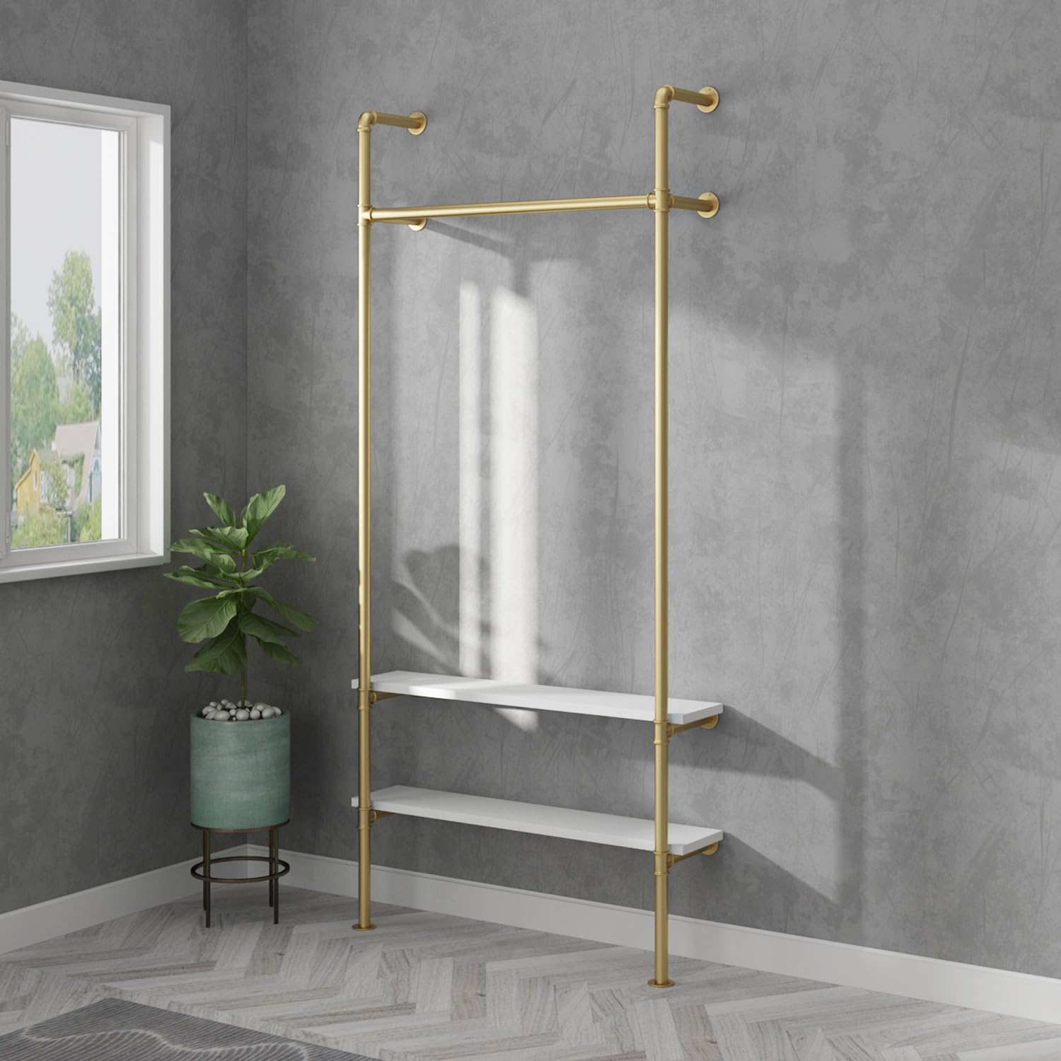 Industrial Pipe Clothing Rack - Heavy Duty Wall Mounted Garment Hanger for Wardrobe, Bedroom & Walk-in Closet - Gold Finish Steel Pipe Clothes Organizer - Perfect for Hanging Coats, Dresses & Seasonal Storage