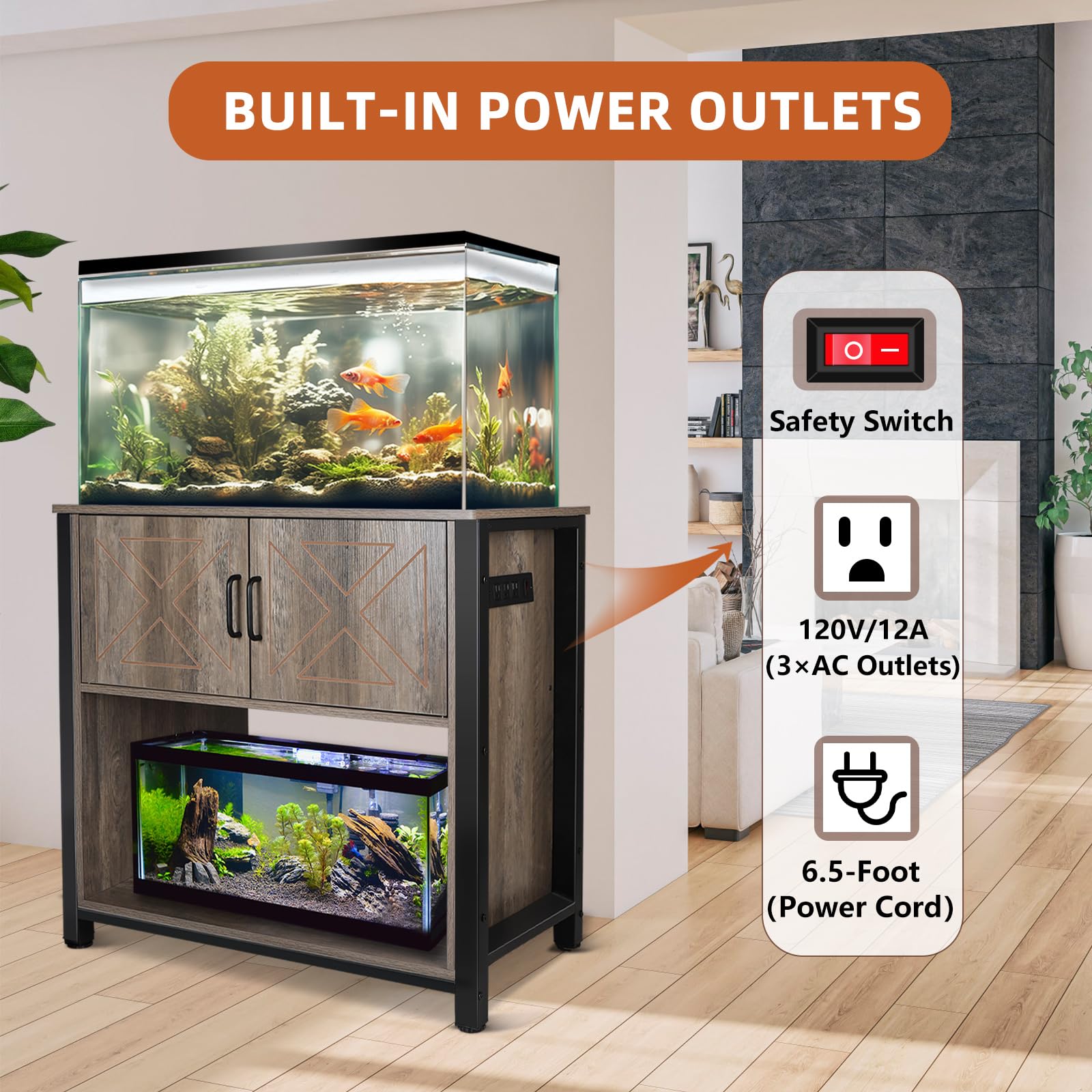 40 Gallon Aquarium Stand with Cabinet & Power Outlets - Heavy Duty Metal Fish Tank Stand for 40-50 Gallon Breeder & Turtle Tanks - Double Terrarium Stand with 660LBS Capacity, Grey - Perfect for Reptile Enclosures & Aquatic Pet Habitats