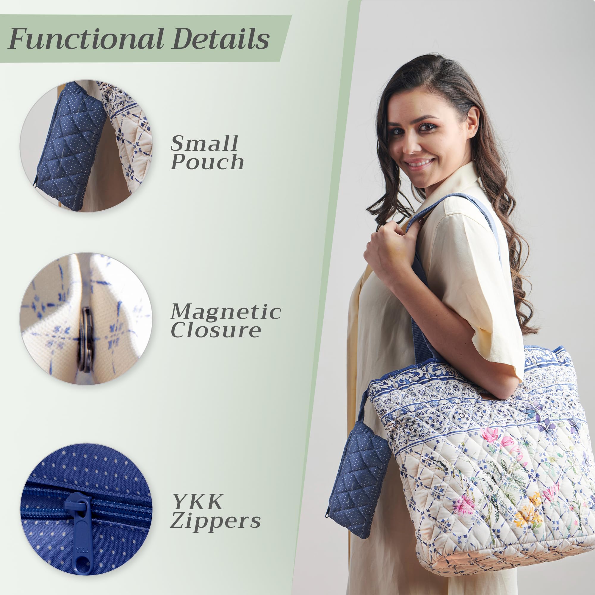 Maison d'Hermine Quilted Cotton Tote Bag with Zipper Pockets & Detachable Pouch - Stylish Work Bag, Travel Tote & Grocery Shopping Bag for Women