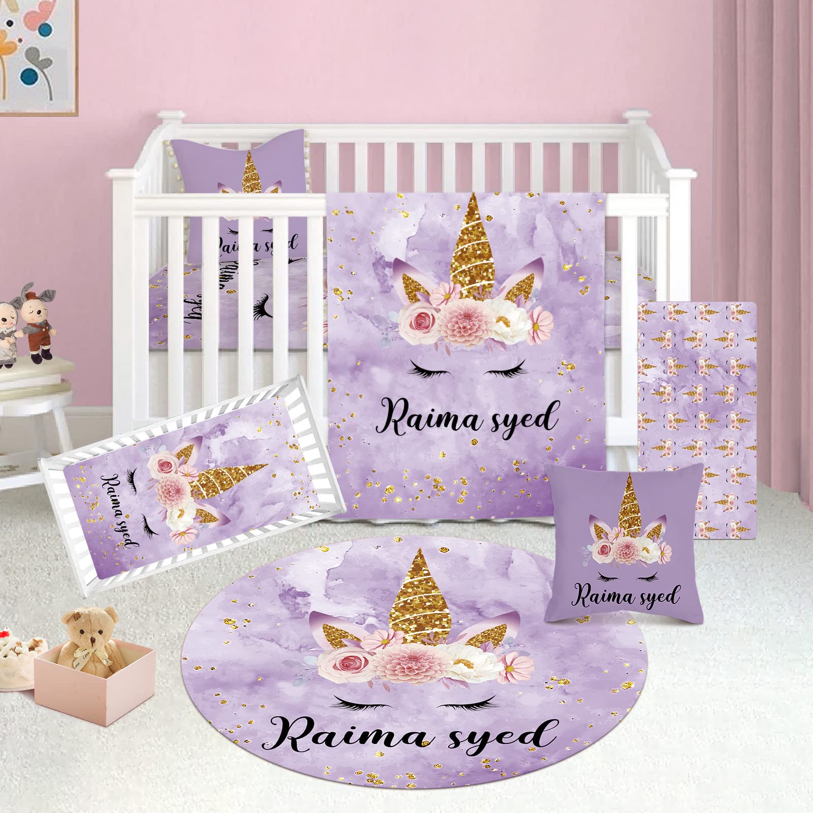Personalized Purple Horse Crib Bedding Set with Name for Baby Girls - 5 Piece Custom Nursery Bedding for Toddlers - Soft Comforter & Matching Accessories for Boys & Girls - Perfect Baby Shower Gift for Nursery Decor & Cozy Sleep