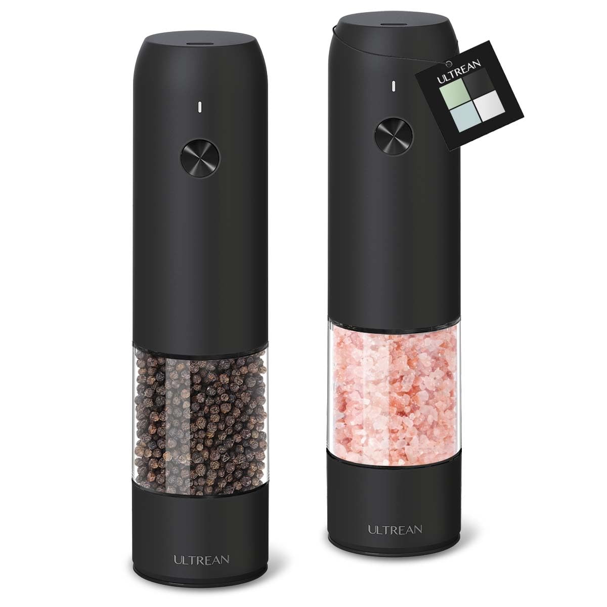 Ultrean Rechargeable Electric Salt and Pepper Grinder Set (2 Pack) - Adjustable Coarseness, LED Light, One-Hand Operation - Perfect for Kitchen, Dining Table & Outdoor Cooking - Black