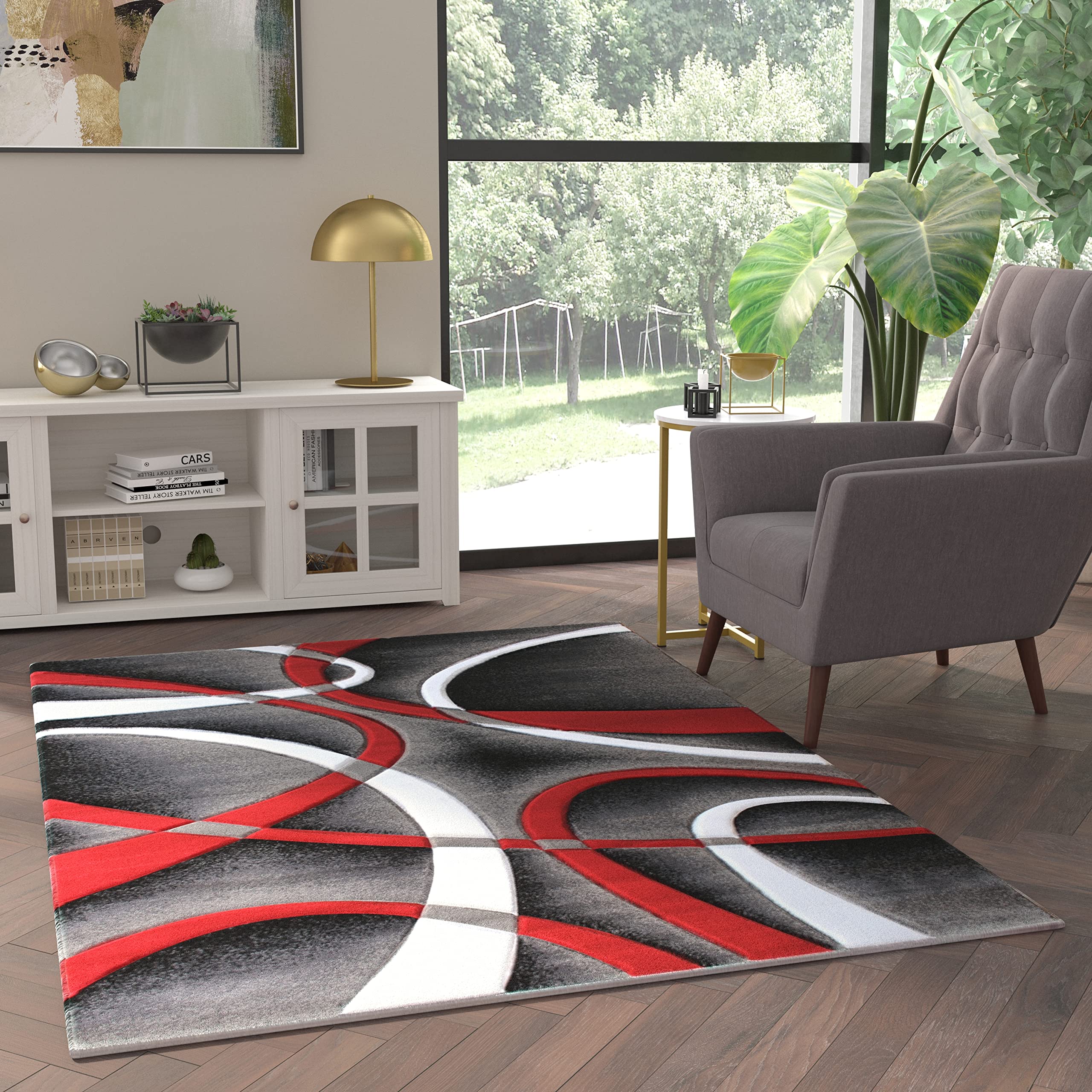 EMMA + OLIVER Cambre Olefin Accent Rug - 5'x7' Abstract Geometric Arch Design - Ultra Soft Plush with Jute Backing - Stain & Moisture Resistant - Easy Care - Perfect for Living Room, Bedroom or Office Decor
