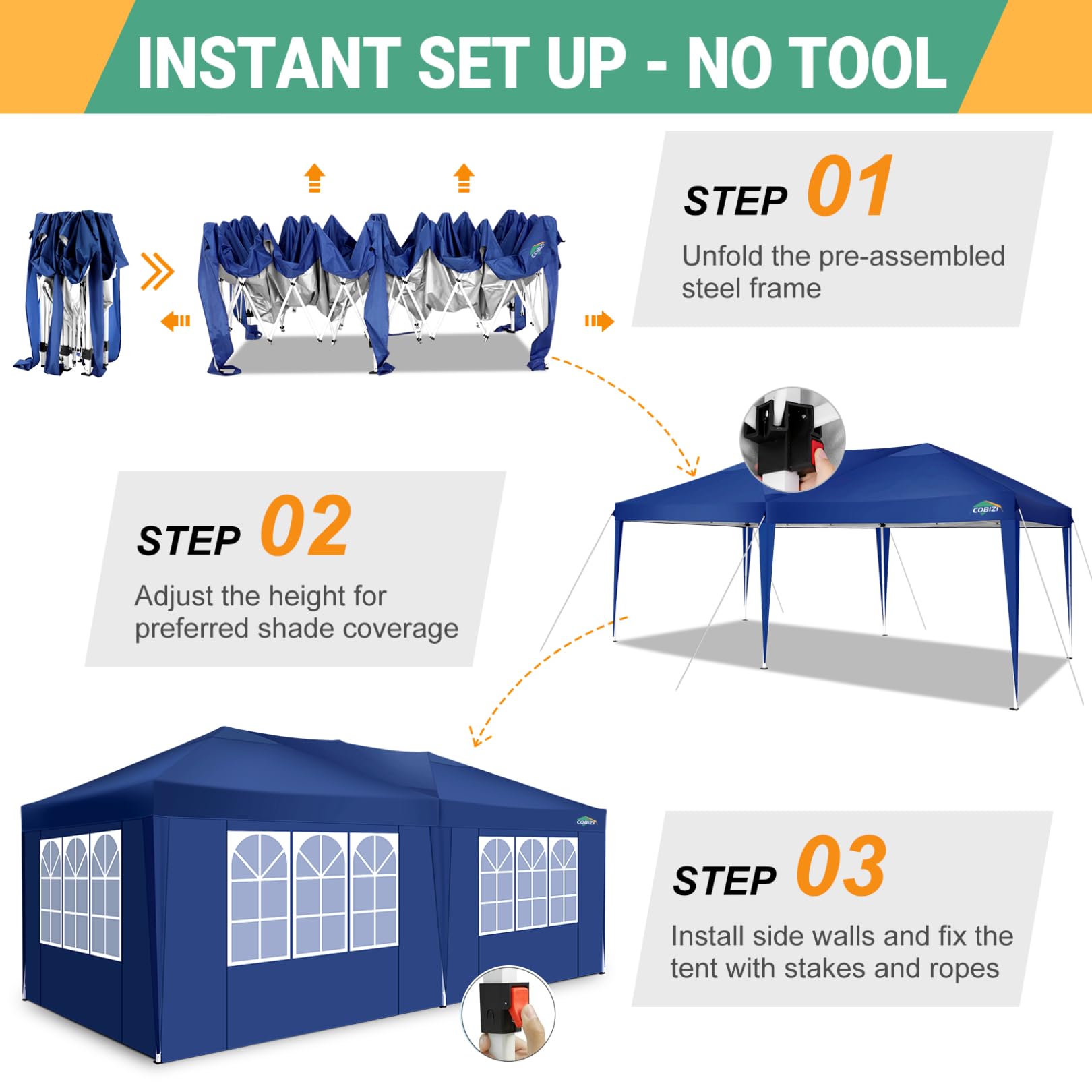 COBIZI 10x20 Pop Up Canopy Tent with 6 Sidewalls - Waterproof Outdoor Event Shelter, UPF 50+ Gazebo for Parties, Beach, Camping & Weddings - Navy Blue Commercial Instant Canopy - Perfect for Backyard BBQs, Farmers Markets & Tailgating