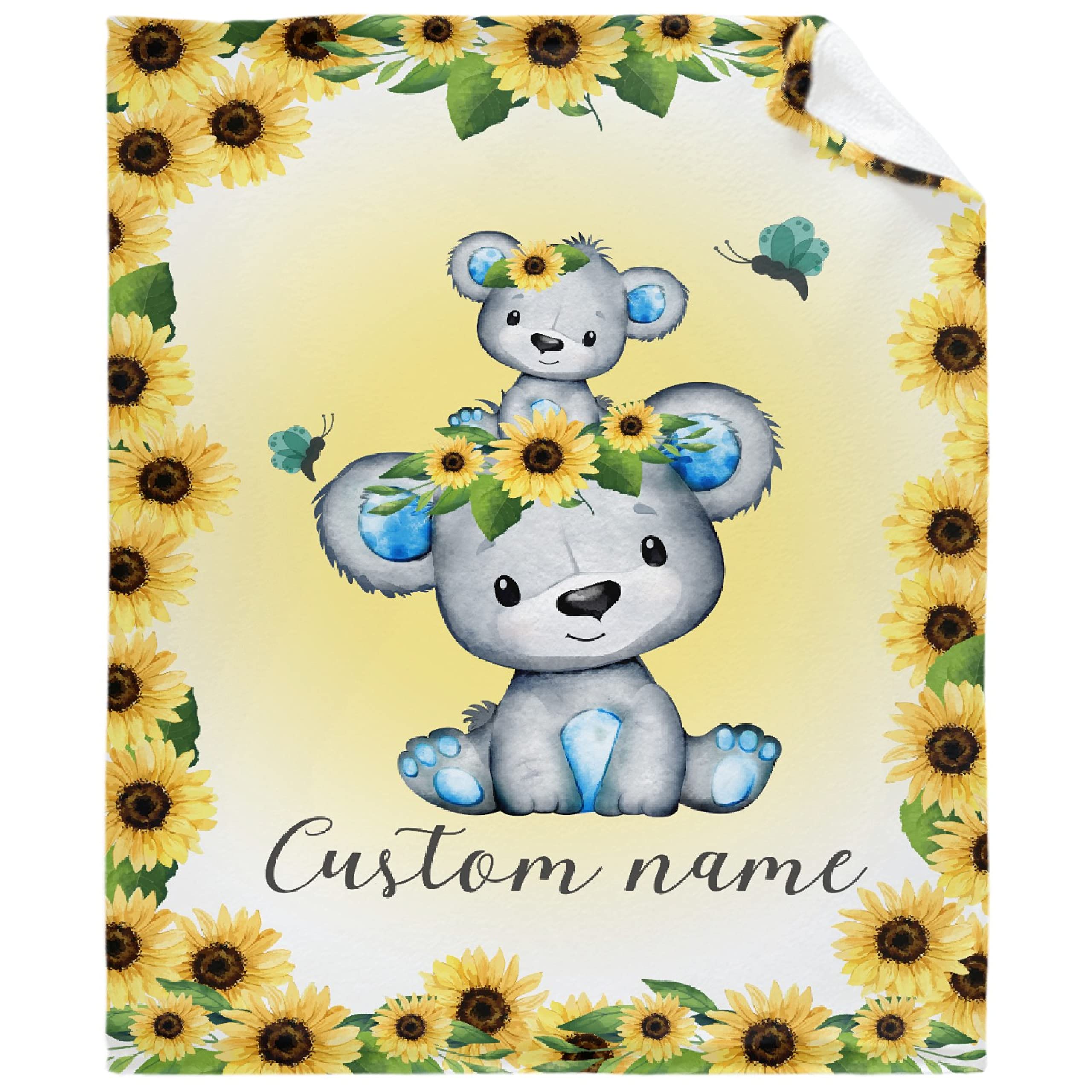 Personalized Baby Blankets for Girls & Boys - Custom Name Embroidered Cute Bear Design - Soft Cozy Fleece Throw Blanket for Newborns - Sunflower Pattern XL Bed Blanket for Nursery, Gift & Family Cuddling