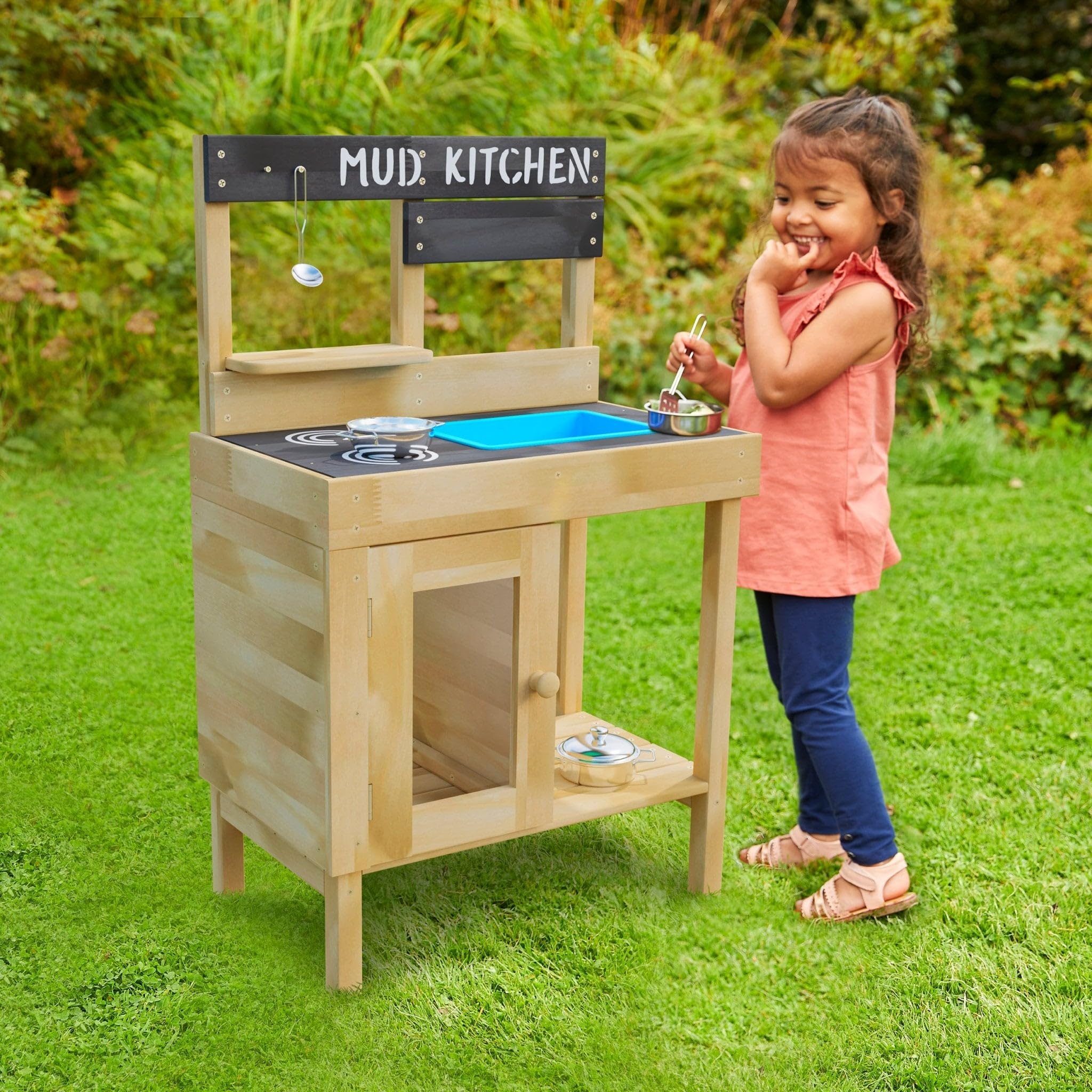 FSC Certified Wooden Mud Kitchen for Kids - Junior Cook Set with Stainless Steel Pans & Utensils | Easy Assembly with Predrilled Holes | Outdoor Sand & Water Play Toy for Toddlers 3+ Years | Perfect for Backyard, Garden & Pretend Play