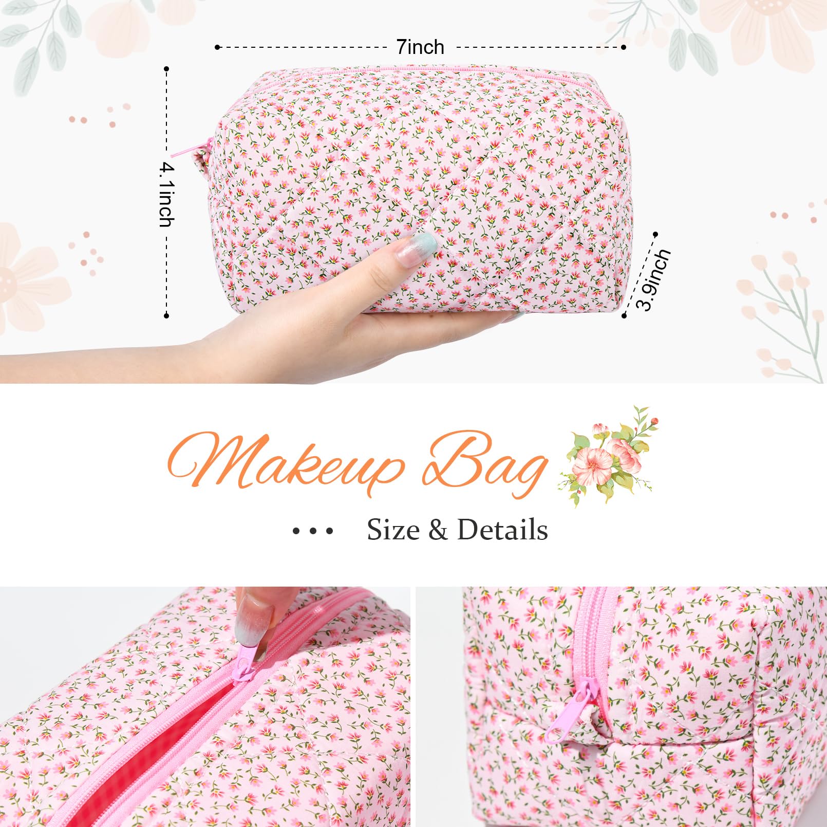 Floral Quilted Makeup Bag - Puffy Coquette Cosmetic Pouch for Women | Cute Pink Travel Toiletry Organizer | Cotton Makeup Brushes Storage Bag | Perfect for Travel, Gifts & Daily Beauty Essentials