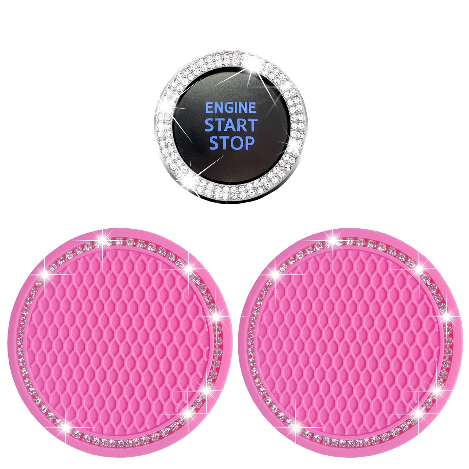 2-Pack Car Cup Holder Coasters & Rhinestone Push Start Button Cover - Bling Car Accessories for Women | Non-Slip Drink Mats & Engine Start Stop Decoration | Perfect for Sedans, SUVs & Luxury Vehicles