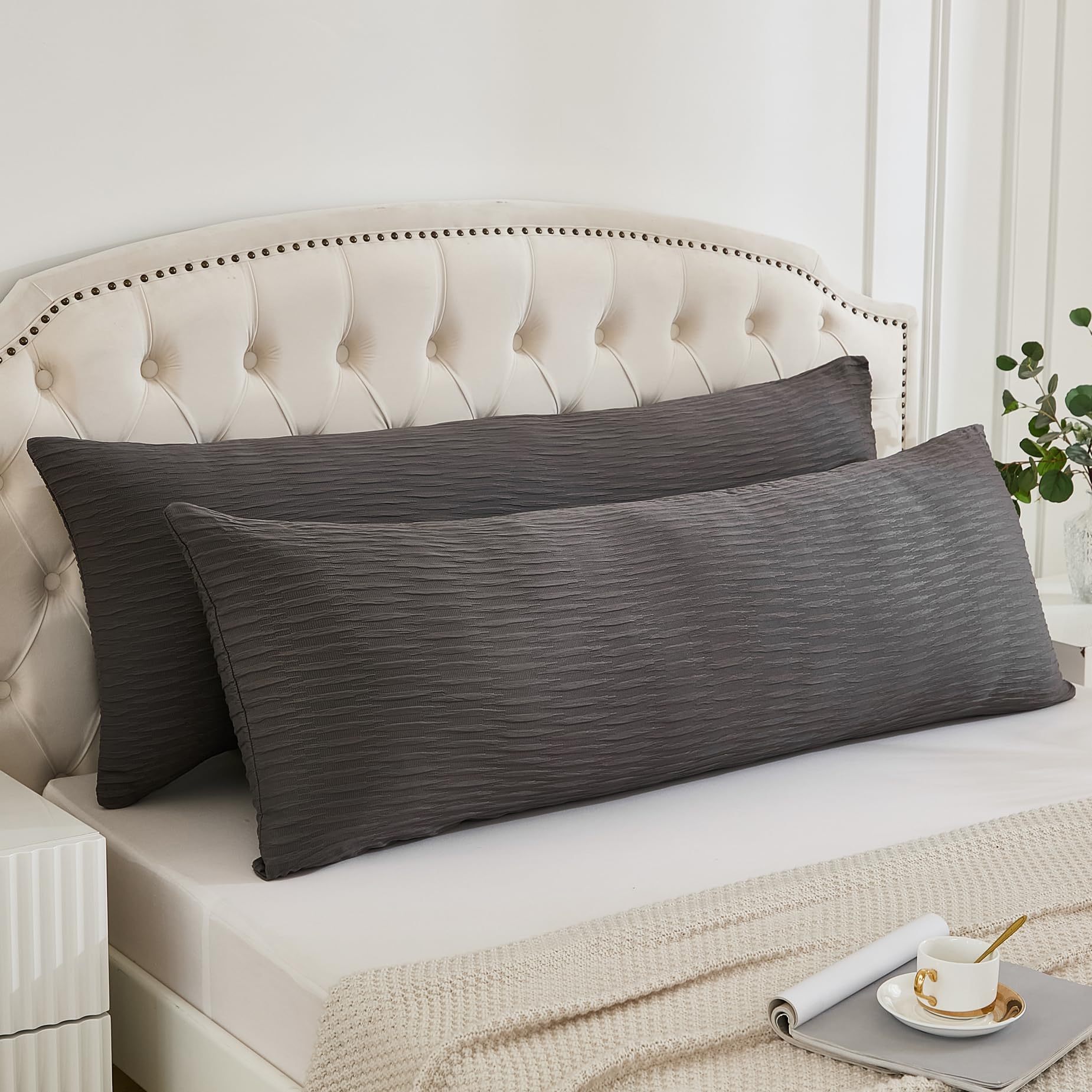Seersucker Crinkle Textured Body Pillow Covers - 2 Pack Soft Lightweight All-Season Pillow Cases (20x54 Inches, Gray) for Bedroom, Couch, Sofa & Travel Comfort