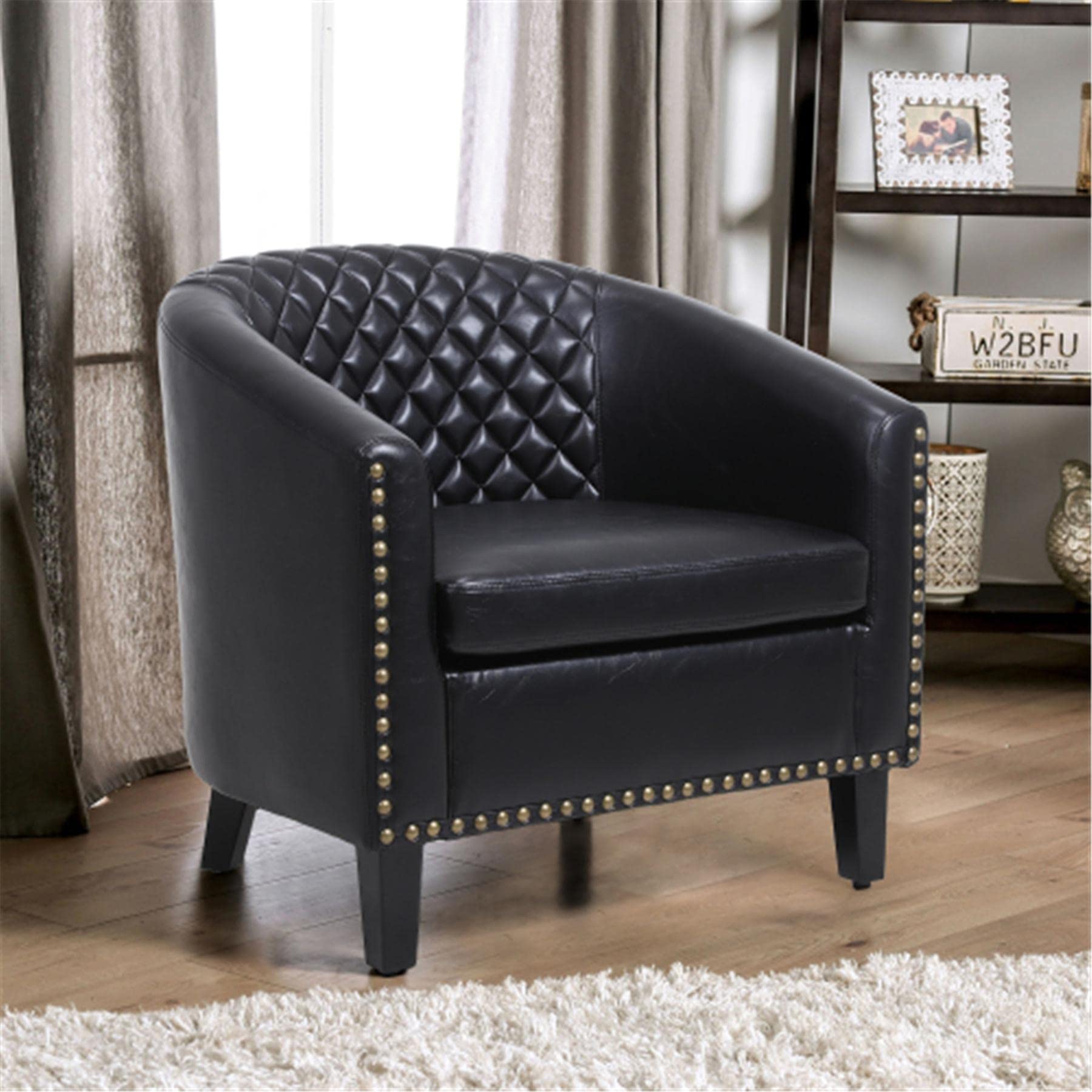 PU Leather Single Leisure Chair with Nailhead Trim & Diamond Stitched Back - Solid Wood Legs - Modern Accent Chair for Bedroom, Living Room & Office - Black