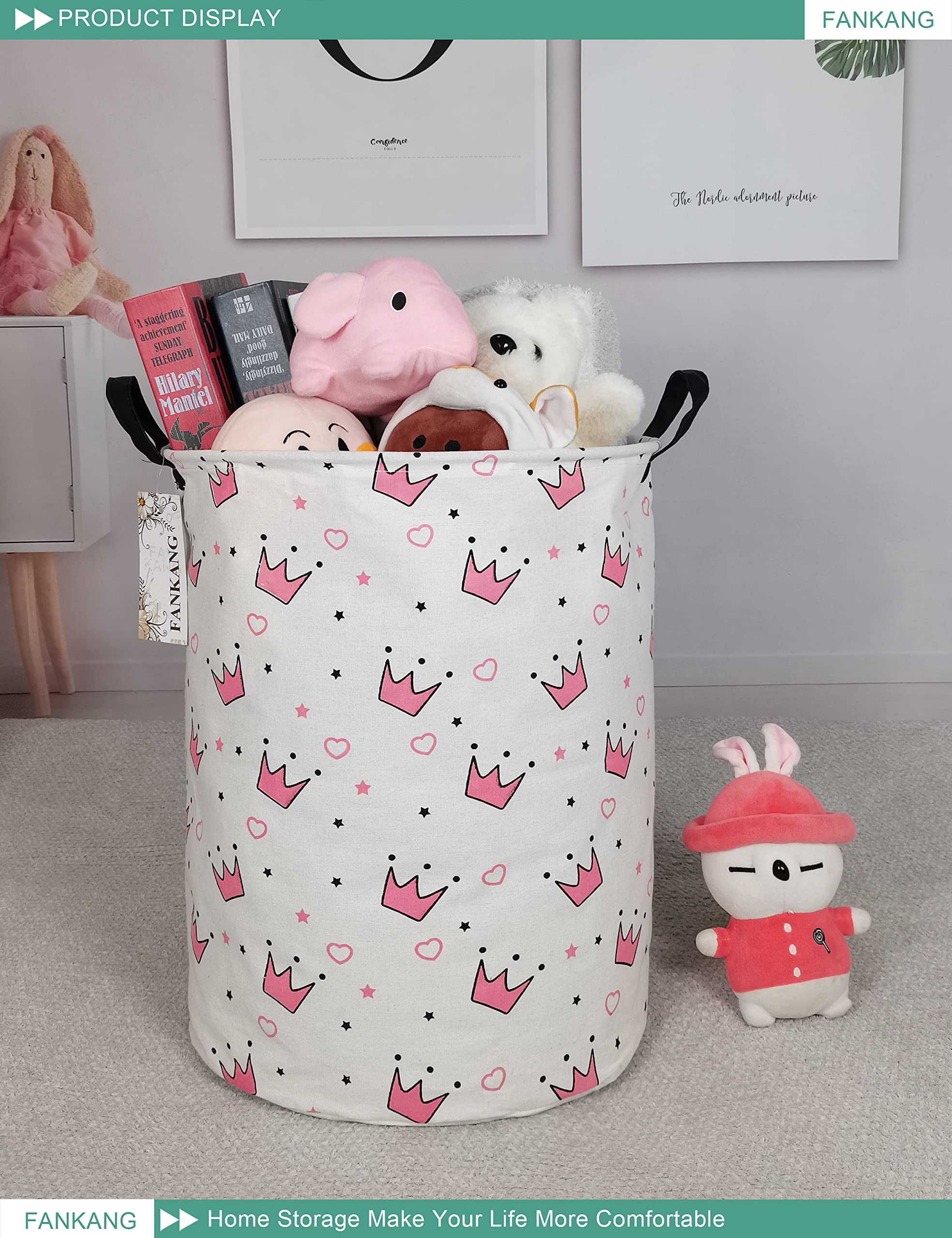 FANKANG Foldable Waterproof Storage Basket with PE Coating - Large Canvas Laundry Hamper for Kids, Boys & Girls | Perfect for Nursery, Bedroom, Office, Clothes & Toys Organization (Pink Crowns Design) - Ideal for Home Storage, Baby Room Decor & Space-Saving Solutions