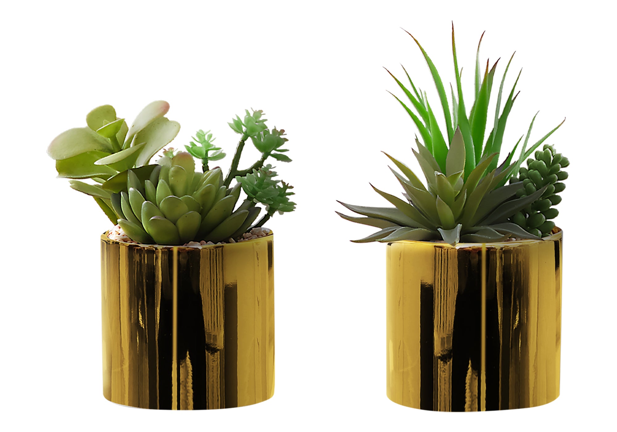 Premium Faux Succulent Plants in Glossy Gold Pots - Set of 2 Artificial Small Succulents for Home Office Desk Decor, Wedding Centerpieces & Shelf Styling