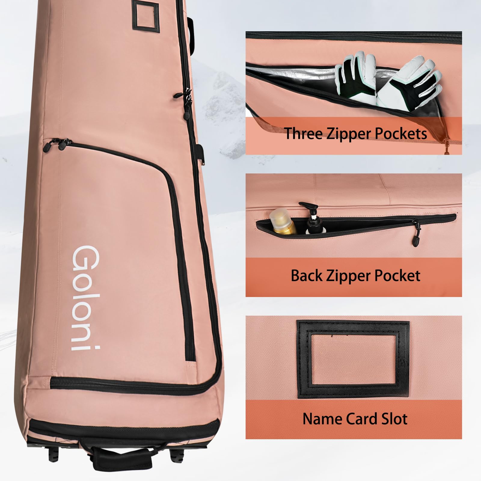 **Goloni Wheeled Ski and Snowboard Travel Bag - 600D Waterproof Padded Ski Carrier for Air Travel - Fits 2 Pairs of Skis - Foldable Design for Easy Storage - Perfect for Winter Vacations & Mountain Trips**