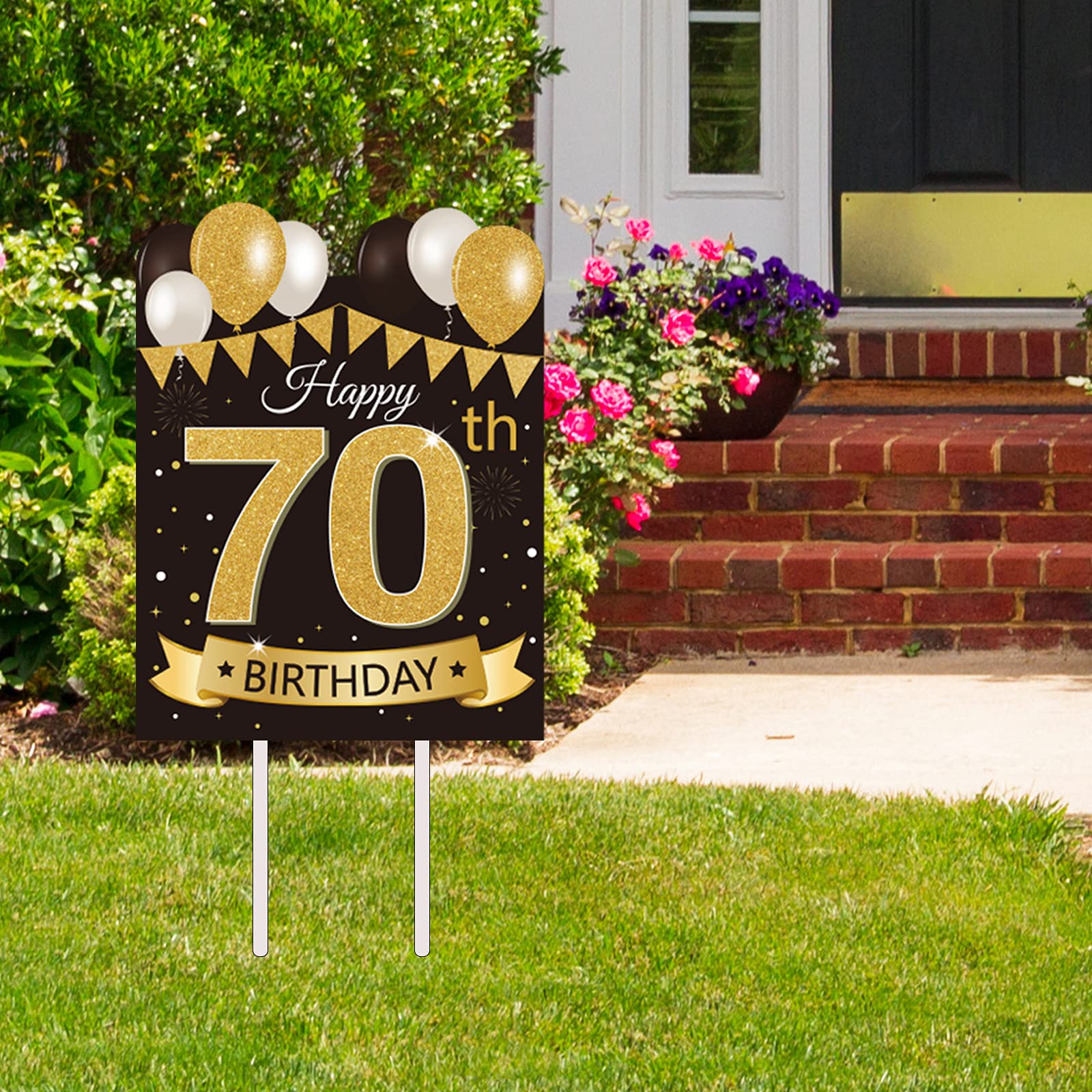 Large Happy 70th Birthday Party Yard Sign - Black & Gold Outdoor Lawn Decor with Stakes | Perfect for Milestone Celebrations, Backyard Parties & Anniversary Decorations