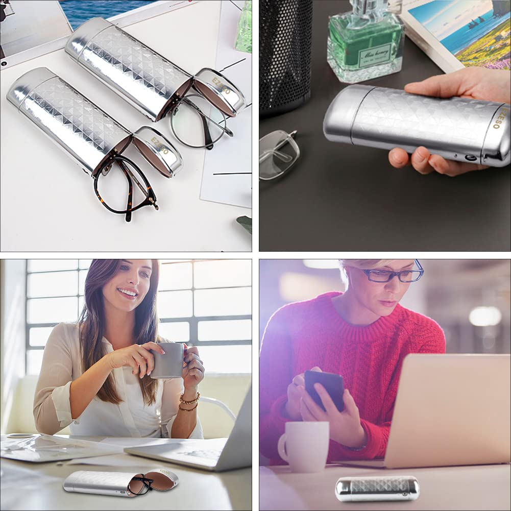 EZESO Aluminum Glasses Case for Small Frame - Stylish Lattice Eyeglass Holder (2 Pack, Silver) | Perfect for Travel, Work & Daily Use