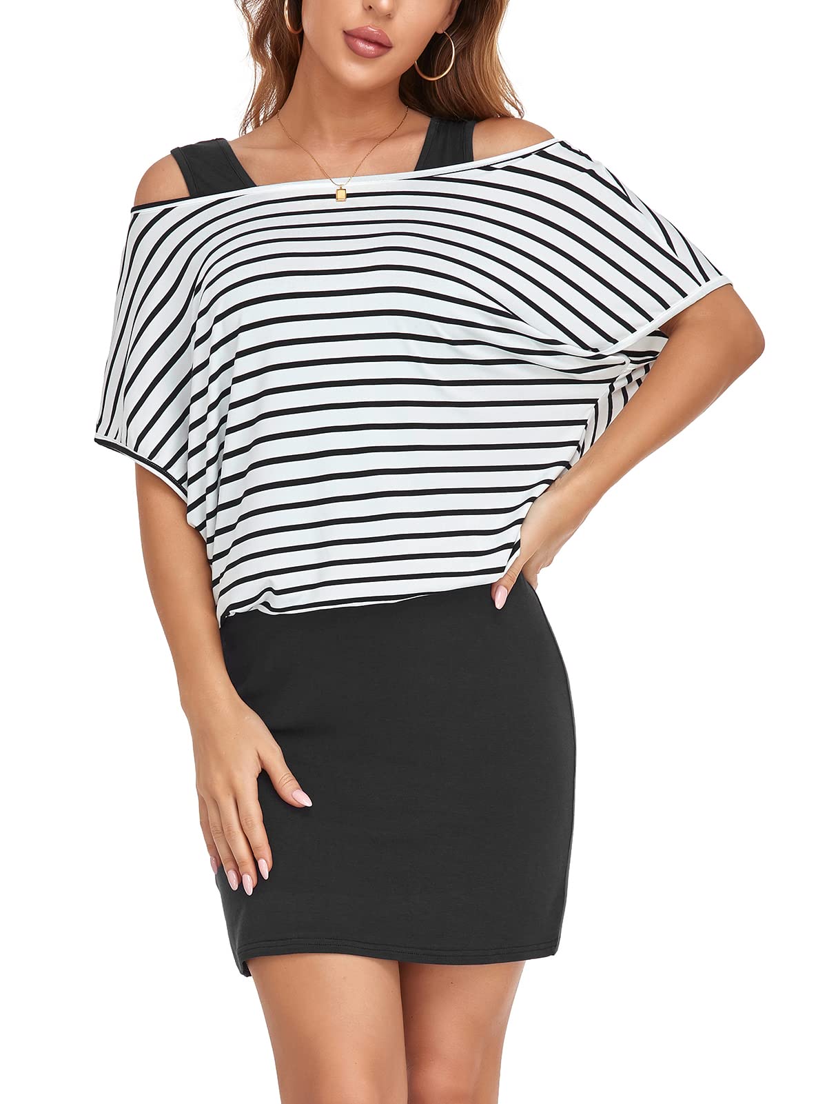 Jusfitsu Women's Summer 2 Piece Outfit Set - Casual Loose Print Shirt Top & Bodycon Mini Tank Dress, Off Shoulder Beachwear for Vacation, Party, and Date Night