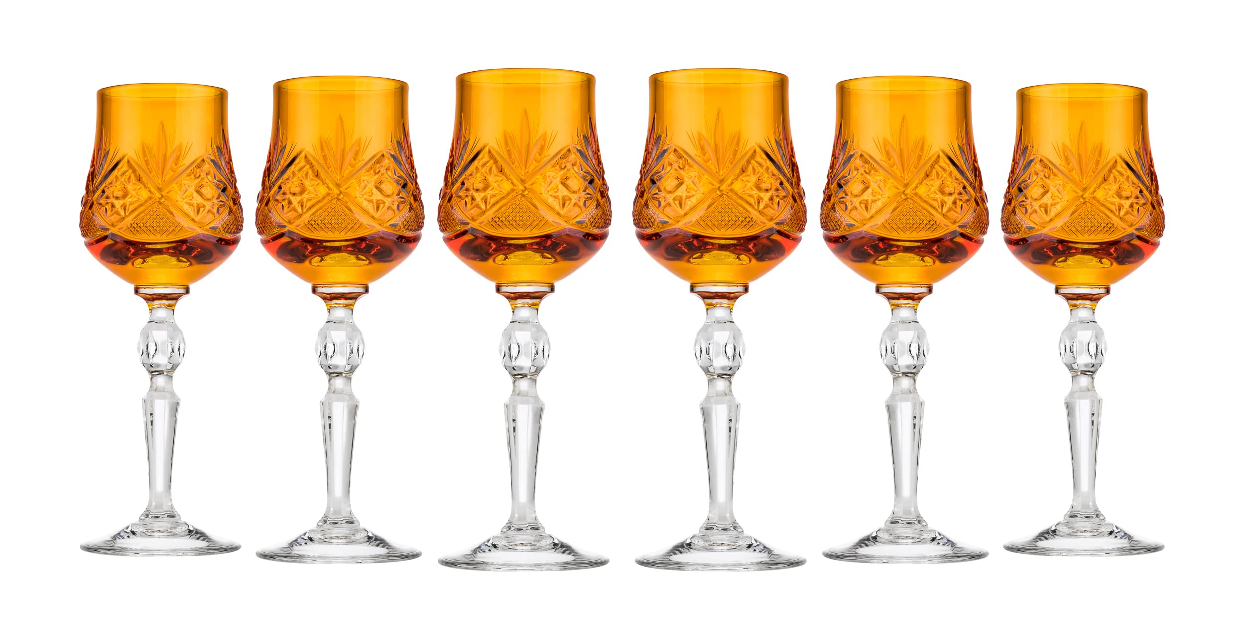 WG7841BC-X Handmade Crystal Cordial Shot Glasses Set of 6 - 2.25 Oz Amber Stemmed Vodka & Liqueur Glasses for Cocktail Parties, Home Bars & Elegant Entertaining