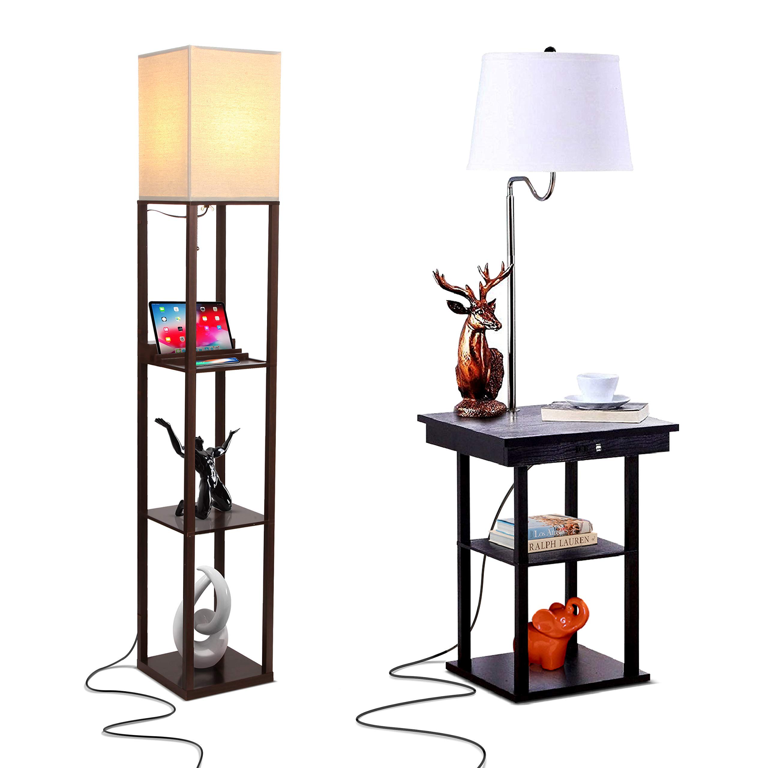 Brightech Maxwell and Madison Modern Floor Lamps Set of 2 with USB Charging Ports & Outlet - Black Living Room Lighting for Bedroom, Office, Reading Nook - Space-Saving Nightstand Lamps with Adjustable Brightness