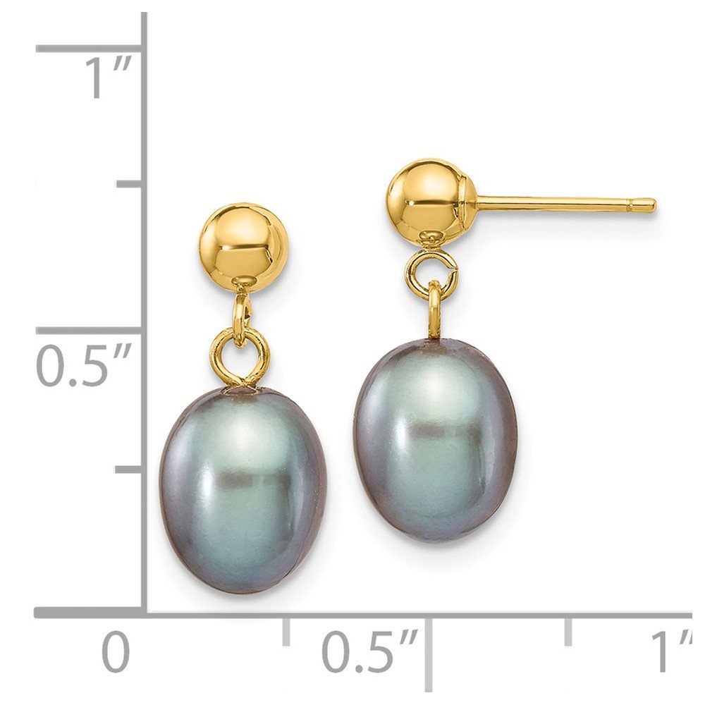 14K Yellow Gold 7-8mm Grey Rice Freshwater Pearl Dangle Stud Earrings - 16mm x 7mm Post Earrings for Women, Gift for Her, Wedding, Party & Special Occasions