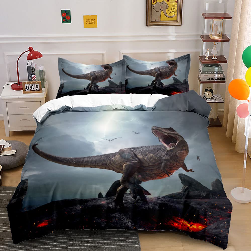 Dinosaur Duvet Cover Set for Boys - 3D Cartoon Queen/King Size Bedding with Zipper Closure & 2 Pillow Shams (No Comforter Included) - Perfect for Kids' Bedroom, Dorm Room, or Gift (Dino 11, Full/Queen)