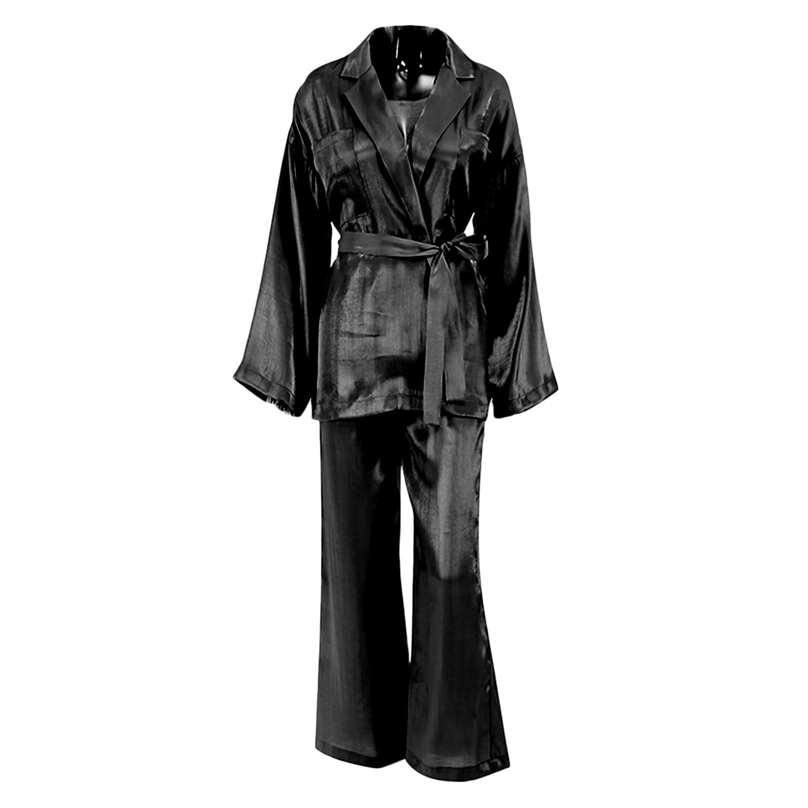 Women's Casual Pajama Set - Long Sleeve Lapel Belt Top & Loose Flare Pants (Black, Size L) - Cozy Homewear for Relaxing Evenings & Lounging