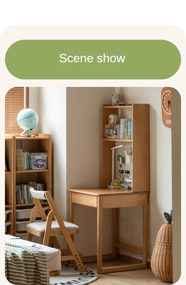 Solid Wood Beech Rubber Children's Study Desk with Bookshelf - Perfect for Kids' Bedroom, Homeschooling & Reading Nook