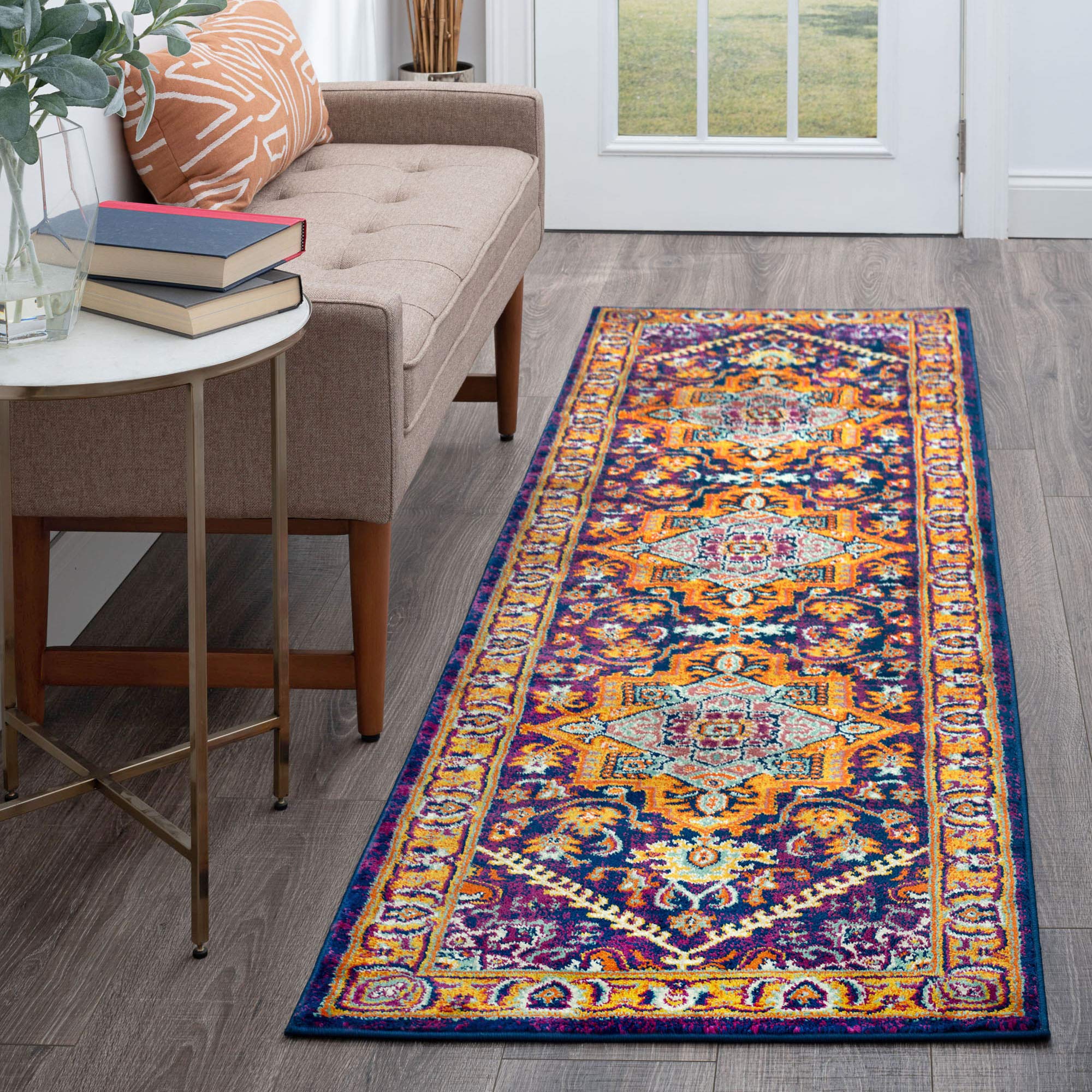 Gaya Gold 2x8 Hallway Runner Rug - Non-Slip Kitchen Rug - Boho Oriental Area Rug for Indoor Entryway, Living Room, Bedroom - Perfect for High Traffic Areas & Home Decor
