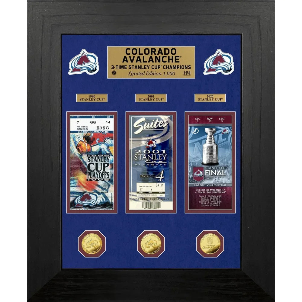 Colorado Avalanche Stanley Cup Championship Tickets & Gold Coin Framed Memorabilia Display - Perfect for Hockey Fans, Sports Collectors, and Man Cave Decor
