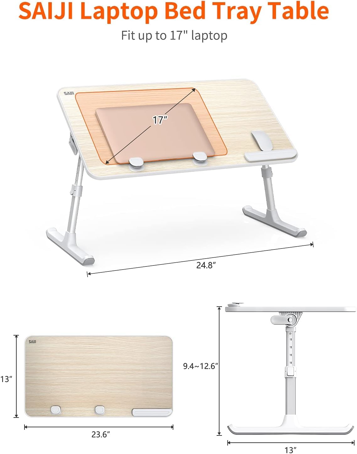 SAIJI Adjustable Laptop Desk for Bed - Foldable Lap Table for Eating, Writing & Working on Sofa, Couch or Bed (23.6 x 13 Inches, Teak Wood) - Perfect Home Office & Entertainment Solution