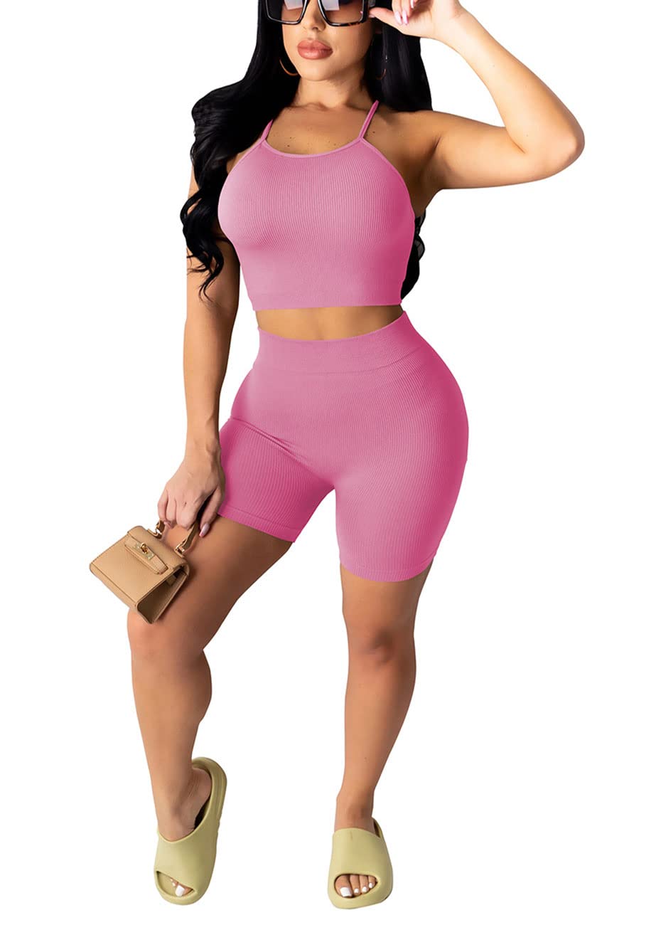 PINSV Women's 2 Piece Summer Jogging Outfit - Spaghetti Strap Crop Top & Shorts Set for Running, Yoga, Gym Workout - Comfortable Athletic Wear for Women