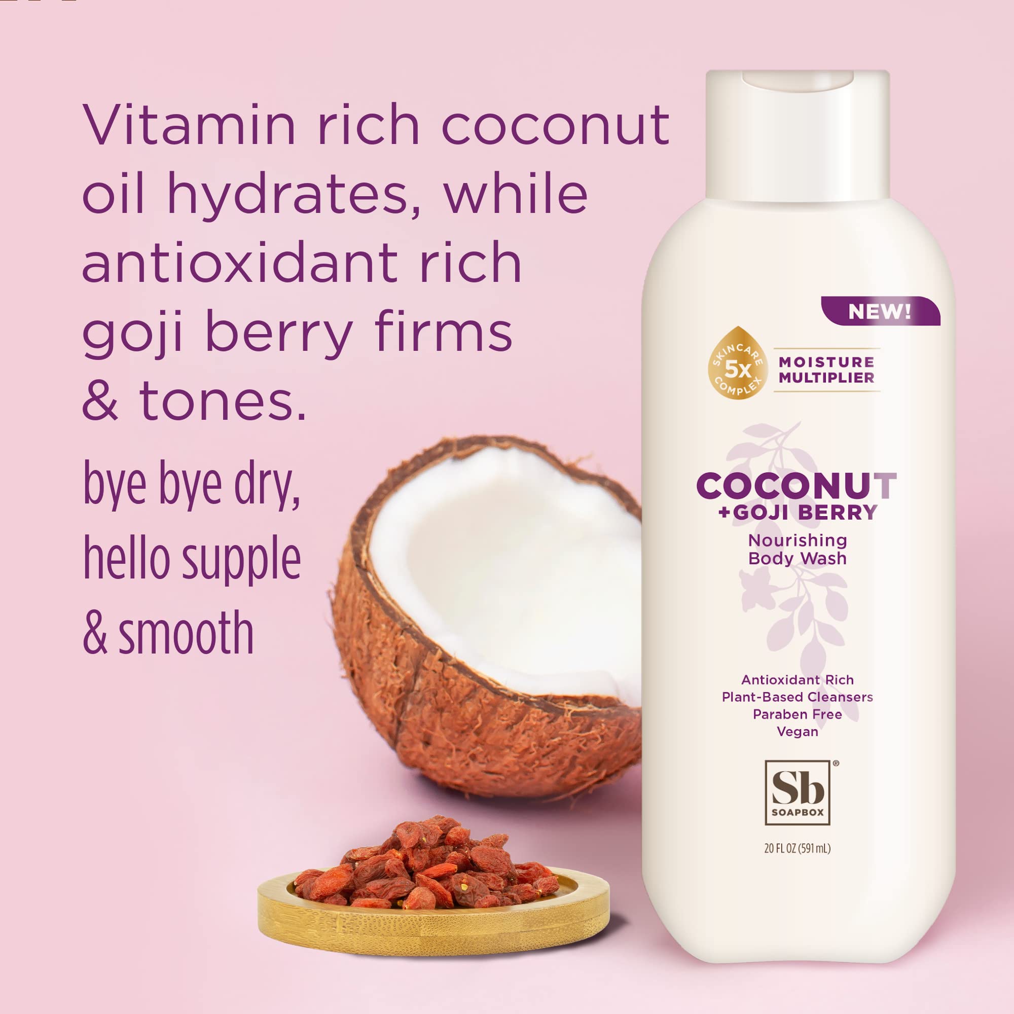 Soapbox Coconut Goji Berry Body Wash for Women & Men - Vegan, Antioxidant Rich Moisturizing Shower Gel with Shea Butter, Peptides & Keratin - Promotes Healthy Skin - 3 Pack (20oz Each) - Perfect for Daily Hydration & Sensitive Skin Care