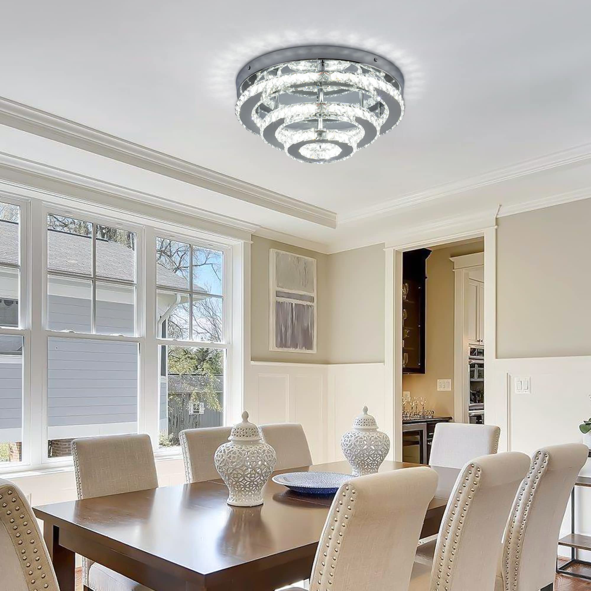 Modern Crystal Chandelier LED 3-Tier Flush Mount Ceiling Light - 13.8