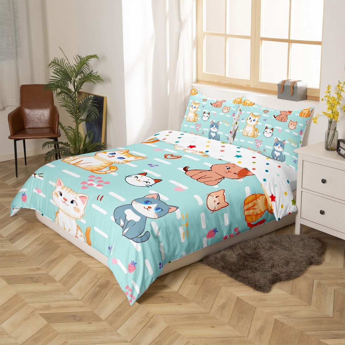 Cute Cartoon Cat Duvet Cover Set - Kawaii Kitten Print Twin Size Bedding for Kids, Boys & Girls | Pink Heart Strawberry Design for Cat Lovers | Includes 1 Pillowcase | Perfect for Toddler Bedrooms, Sleepovers & Themed Decor