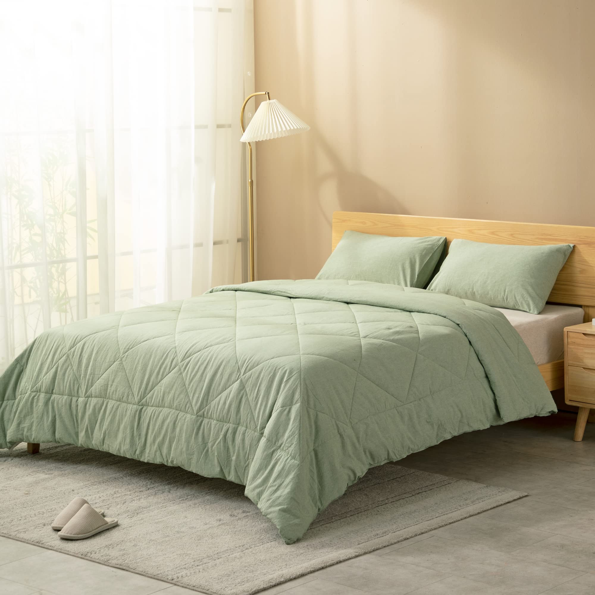 ATsense Sage Green Comforter Set Queen Size - 3pc 100% Washed Cotton Luxury Bedding | Soft, Lightweight & Durable All-Season Queen Comforter with 2 Pillow Shams | Perfect for Master Bedroom, Guest Room & Dorm Decor