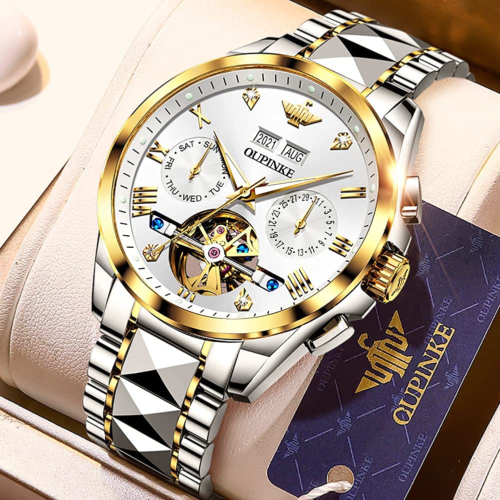 Premium Men's Automatic Skeleton Watch with Diamond Accents - Self-Winding Mechanical Dress Watch - Sapphire Crystal & Tungsten Case - Perfect for Business, Formal Events & Luxury Gifting