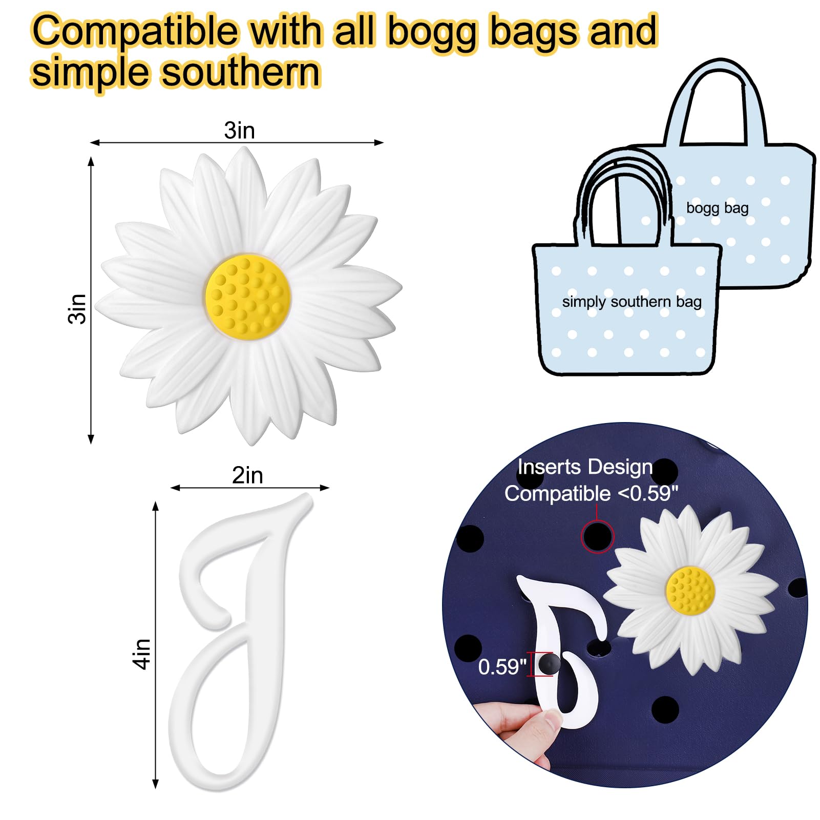 Bogg Bag Charms - 2pcs Letter & Flower Accessories for Beach Bags (J+Daisy) | Perfect for Summer Outings