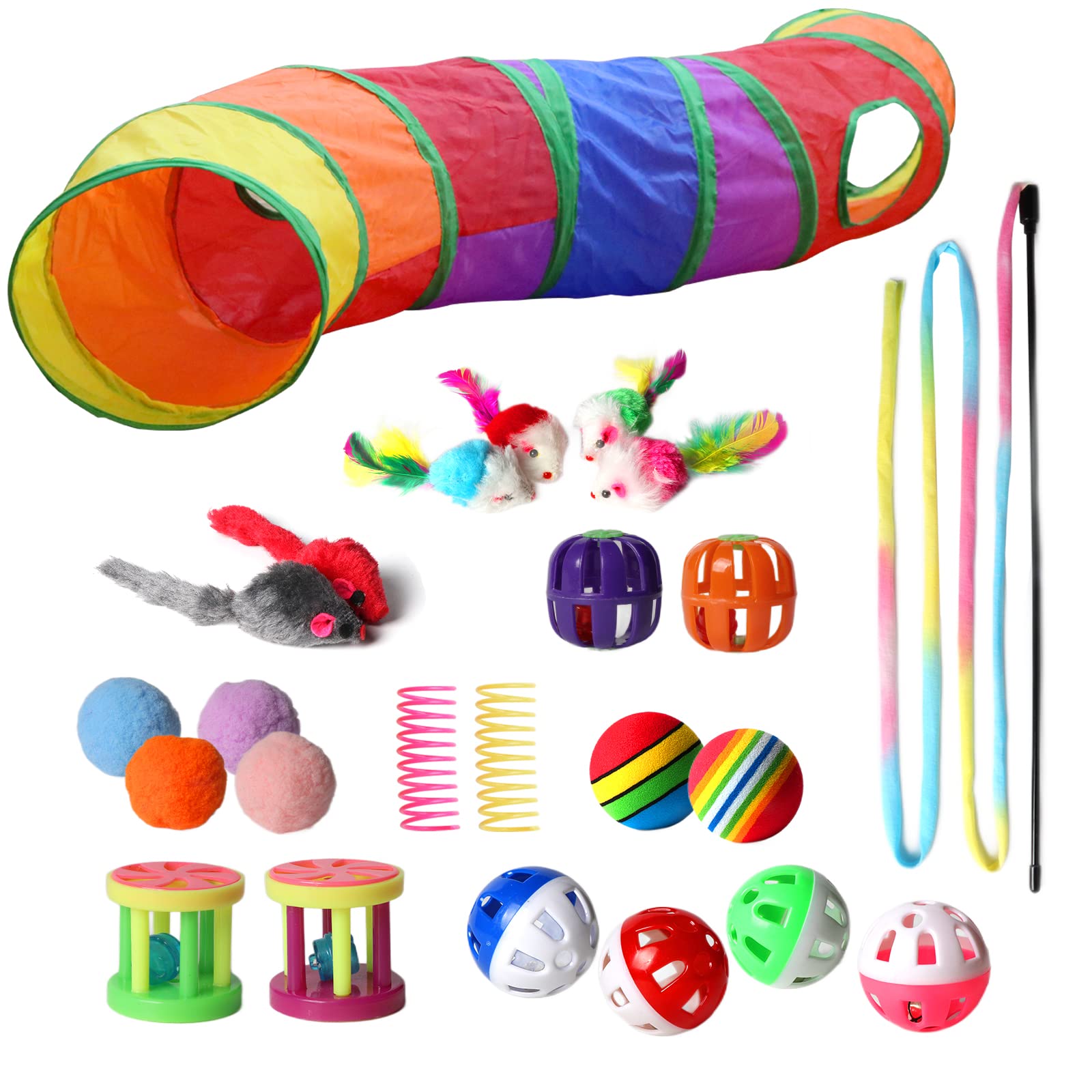 **Interactive Cat Toys Set - 30PCS/24PCS Assorted Kitten Toys with Rainbow Tunnel, Feather Teaser, Balls, Bells & Fluffy Mice - Fun Indoor Play for Active Cats & Kittens - Perfect for Exercise, Boredom Relief & Bonding Time**