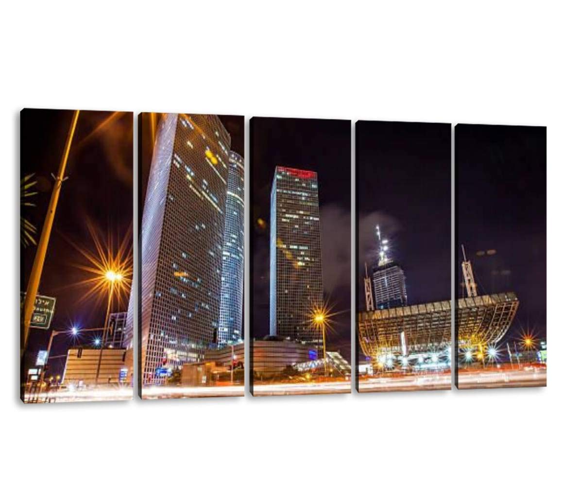 KiiAmy 5-Panel Modern Canvas Wall Art - Nightlife in Tel Aviv Israel Cityscape Painting, Framed Ready to Hang (60