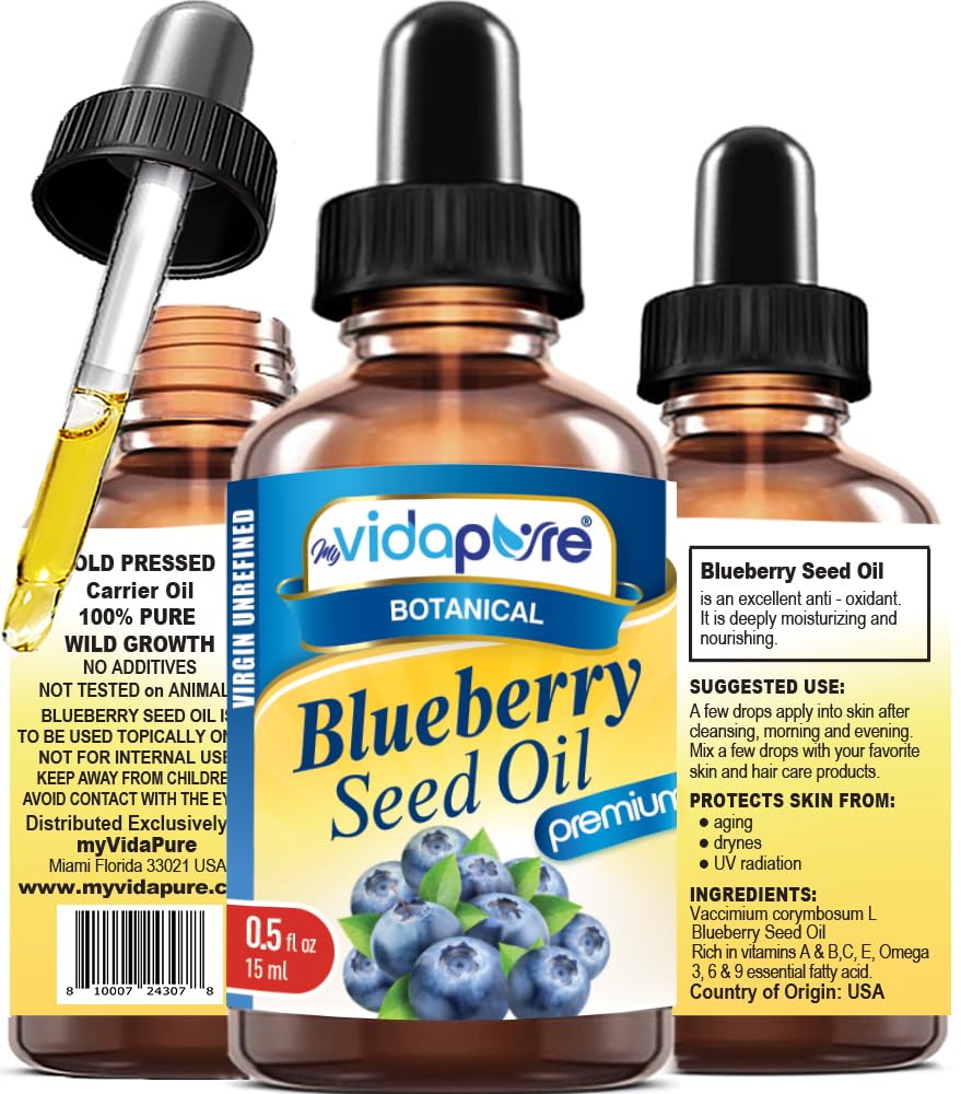 100% Pure Unrefined Virgin Cold Pressed Blueberry Seed Oil - Natural Moisturizer for Face, Skin, Hair & Nails - Anti-Aging Treatment for Scars & Wrinkles - 0.15 Fl.oz (15ml) by myVidaPure - Perfect for DIY Skincare, Massage & Aromatherapy