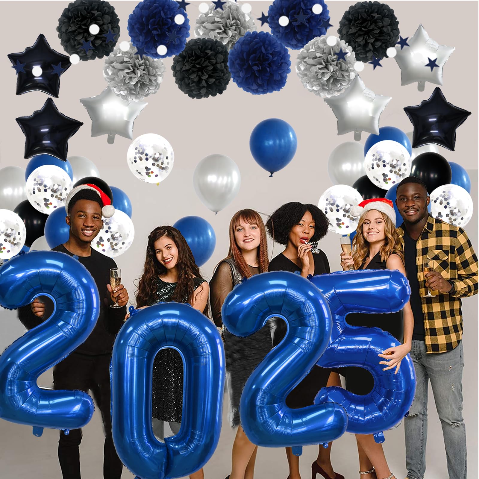 2025 Graduation Party Decorations - Blue & Black Class of 2025 Balloons, Banner, Garland & Pom Poms for New Year's Eve & Graduation Celebrations - Perfect for School Events, Home Decor & Photo Backdrops